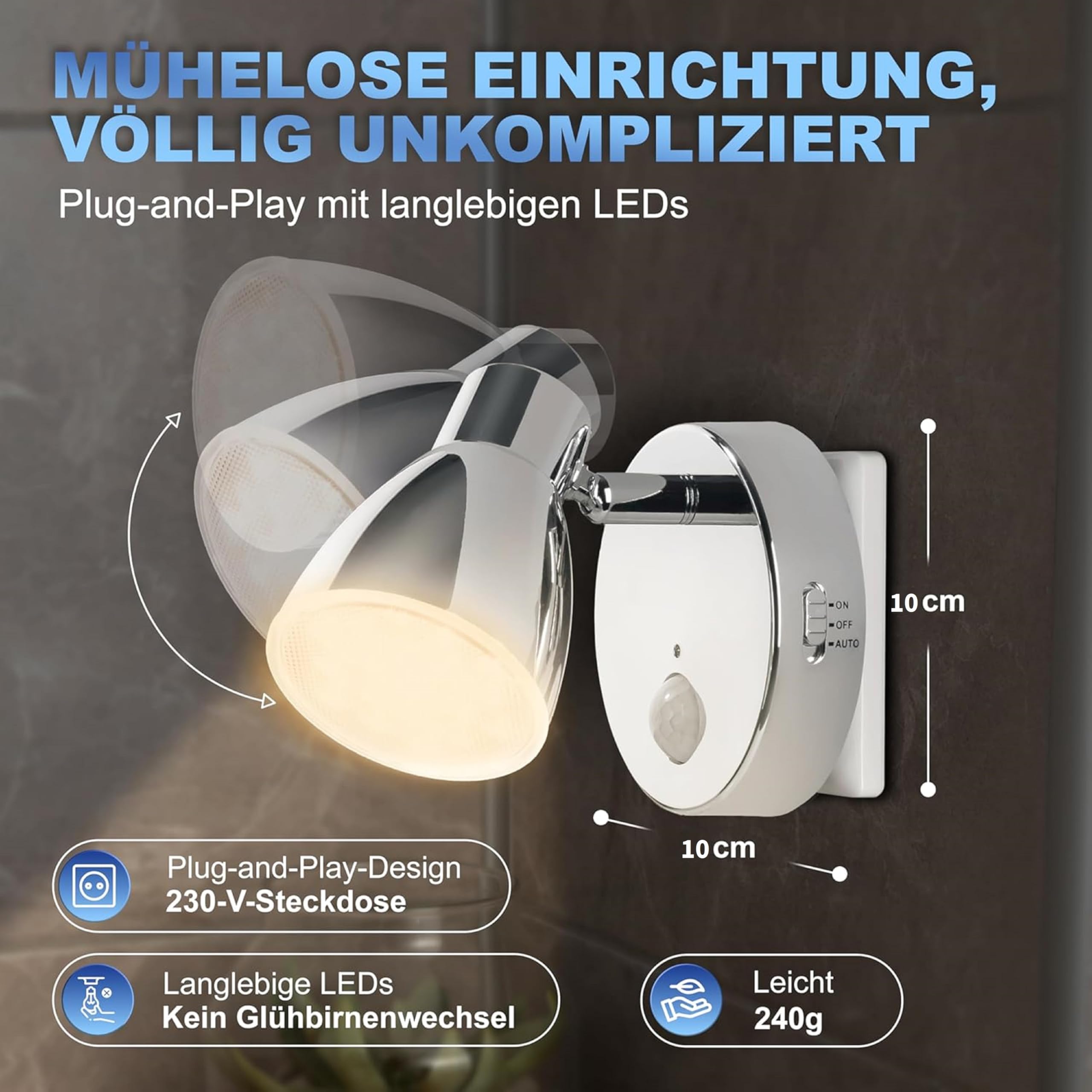 Trango 2635-018 LED Sensor Nachtlicht – Chrom – Drehbar & Schwenkbar – Automatikfunktion – Bewegungssensor – 230V Steckdosenlampe – Sicherheits- & Orientierungslicht