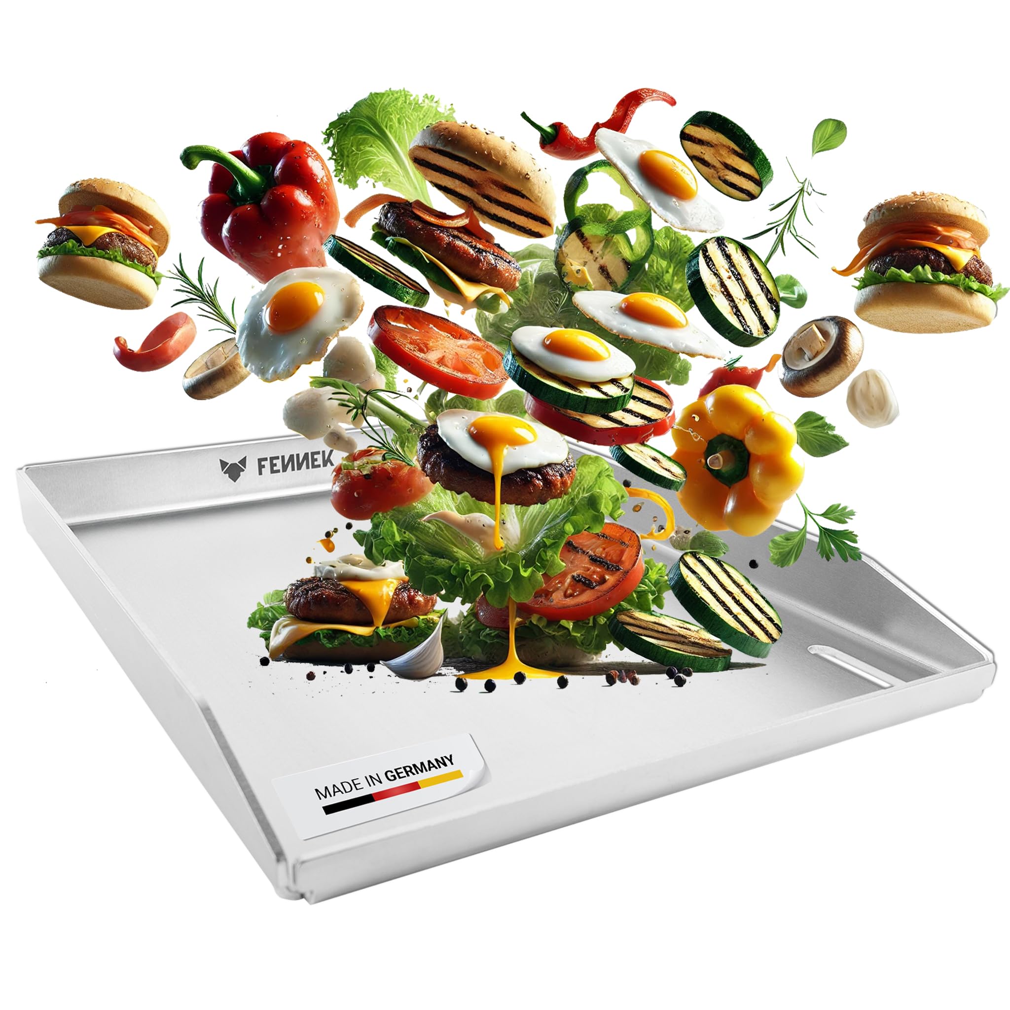 FENNEK Plancha de 40 x 30 cm Teppanyaki plancha con borde frontal y gran orificio de drenaje, acero inoxidable de 4,0 mm, para hamburguesas, verduras, pescado, etc., apta para lavavajillas, bordes