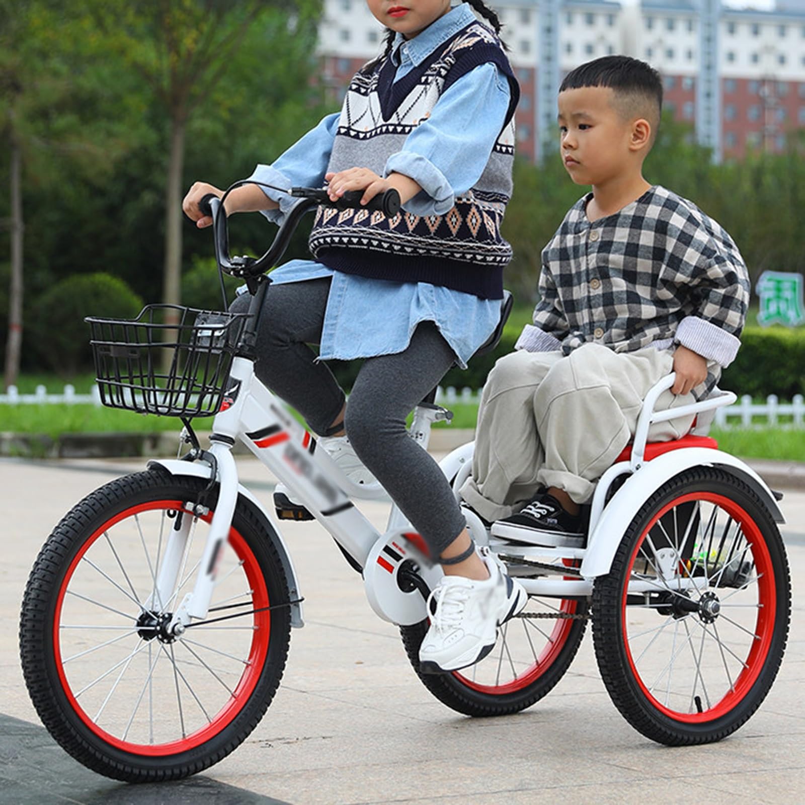 SRNSAEB Triciclo per Adulti, Bici a Tre Ruote per Bambini, Carrello per Due Bambini, Robusta Bici da Crociera a 3 Ruote per Principianti, Rosso, 16 pollici
