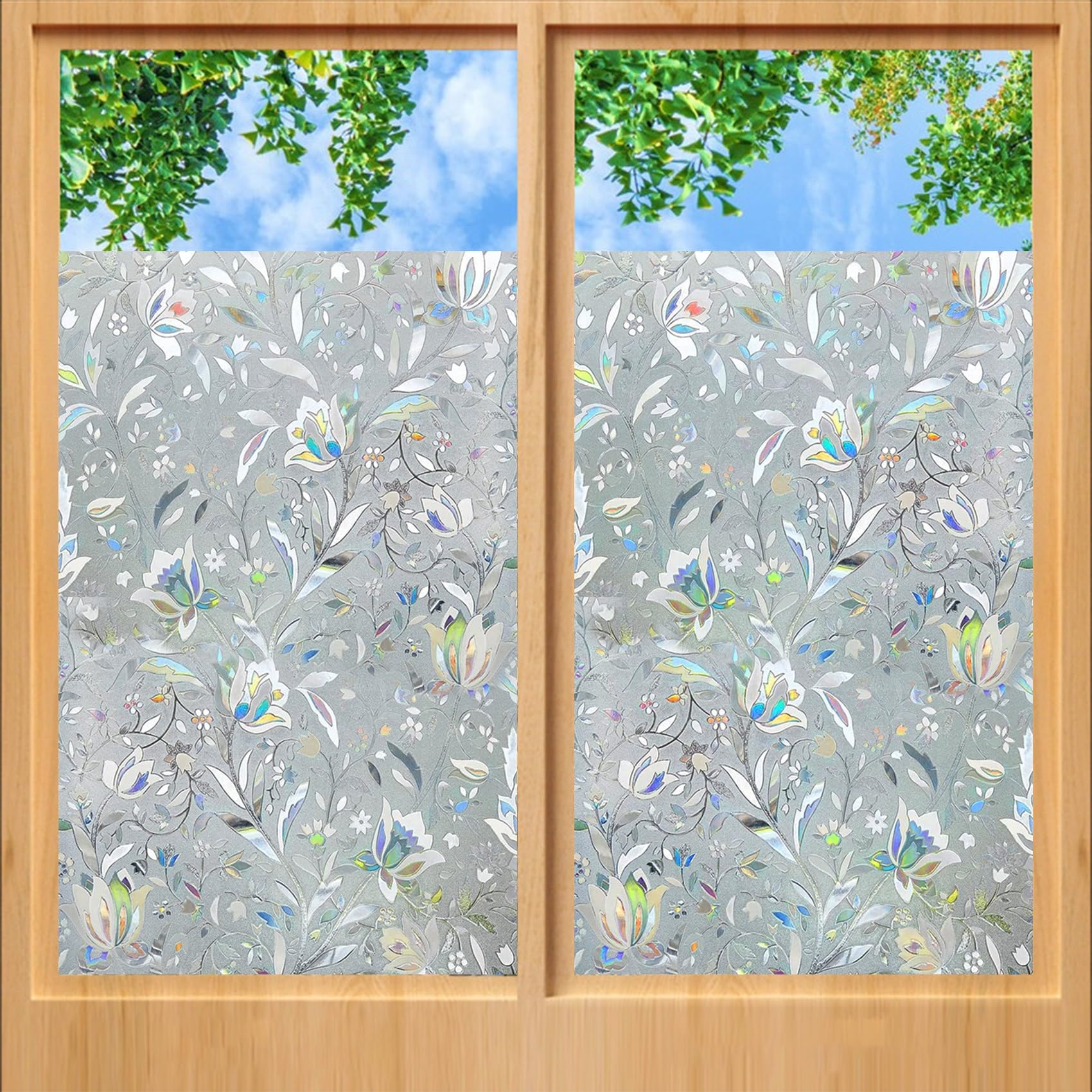 Window Film Privacy 75 x 420 cm, Non-Adhesive Cling Removable, Without Glue Or Residue, Static Cling Glass Stickers with Toolkit for Office, tulip