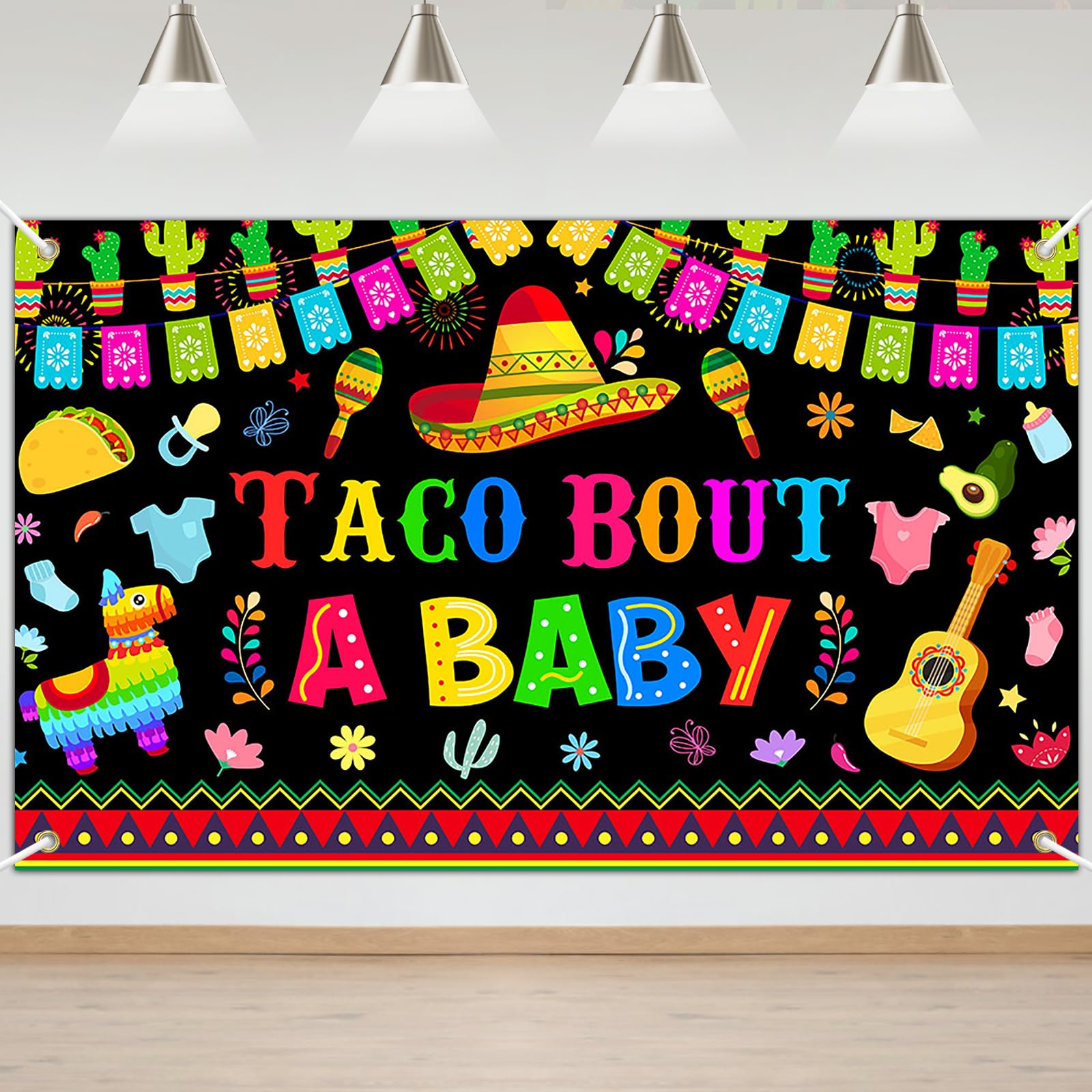 Mocsicka Taco Bout a Baby Banner Mexican Fiesta Baby Shower Backdrop Mexican Cactus Taco Baby Shower Party Decorations (Black)