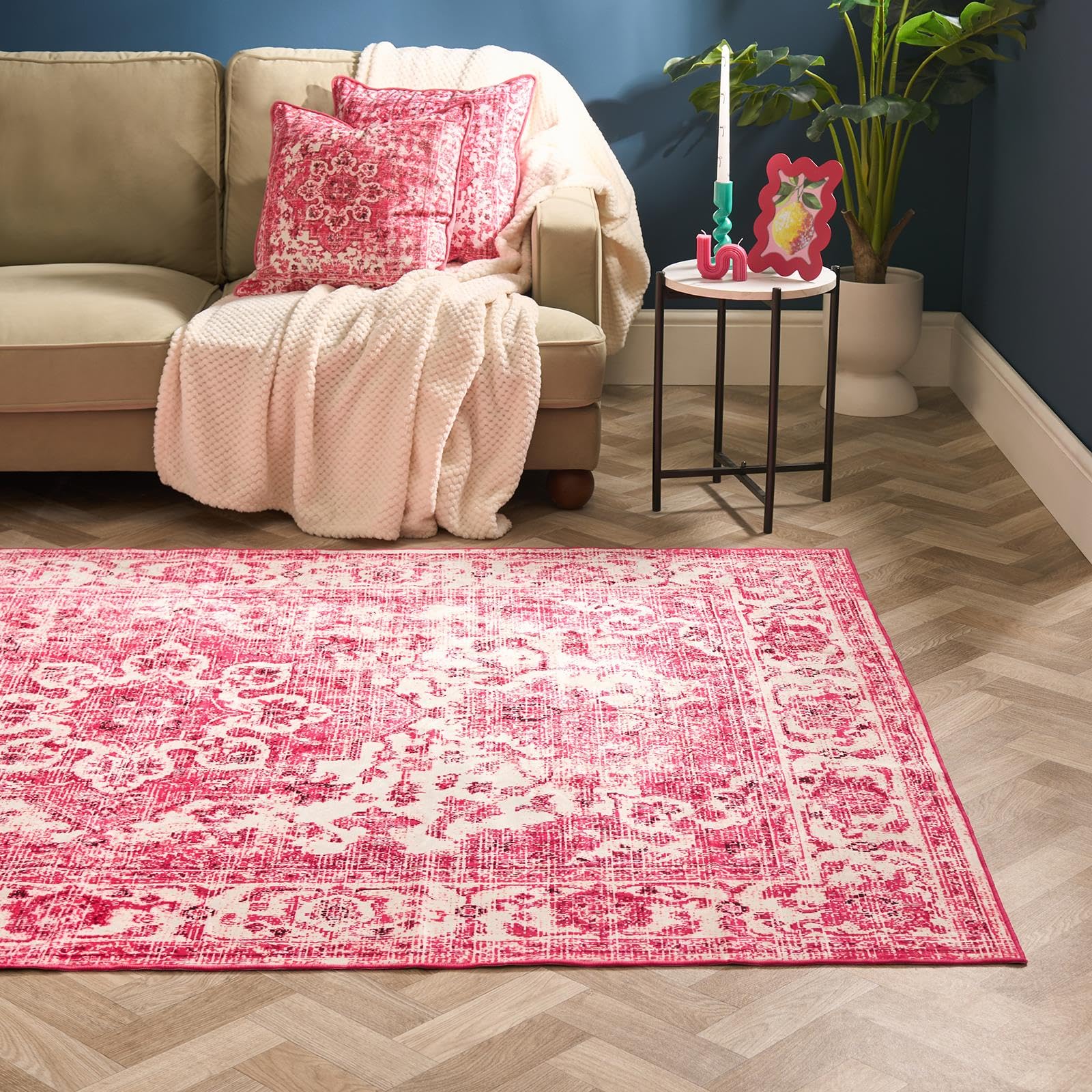 OHS Rugs Living Room 120 x 170, Soft Comfy Vintage Rugs for Bedroom Home Decorative Hallway Runner Non Slip Washable Rug Vintage Stylish Low Pile Medium Rug Carpet, Pink โ image 1