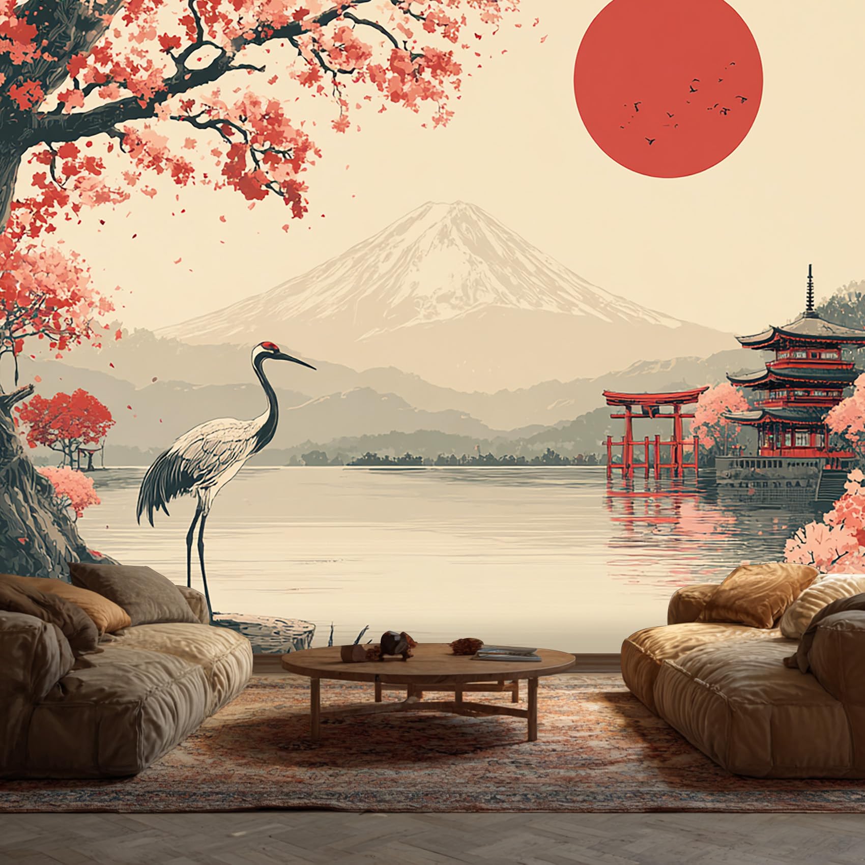 Japanese Crane Wallpaper - Torii Gate Mount Fuji Wall Mural - Wall Murals for Living Room Bedroom - Photo Wallpaper & Home Decor Art - 450 x 315 cm A-6170