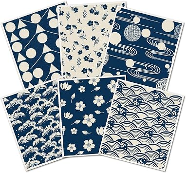 6PCS 6 Styles Blue Swedish Dish Cloths Bulk Flowers Japanese Pattern Reusable Dish Towels Quick Drying Absorbent Decorative Kitchen Sponge Cleaning Cloths for Home Countertop Bathroom Use