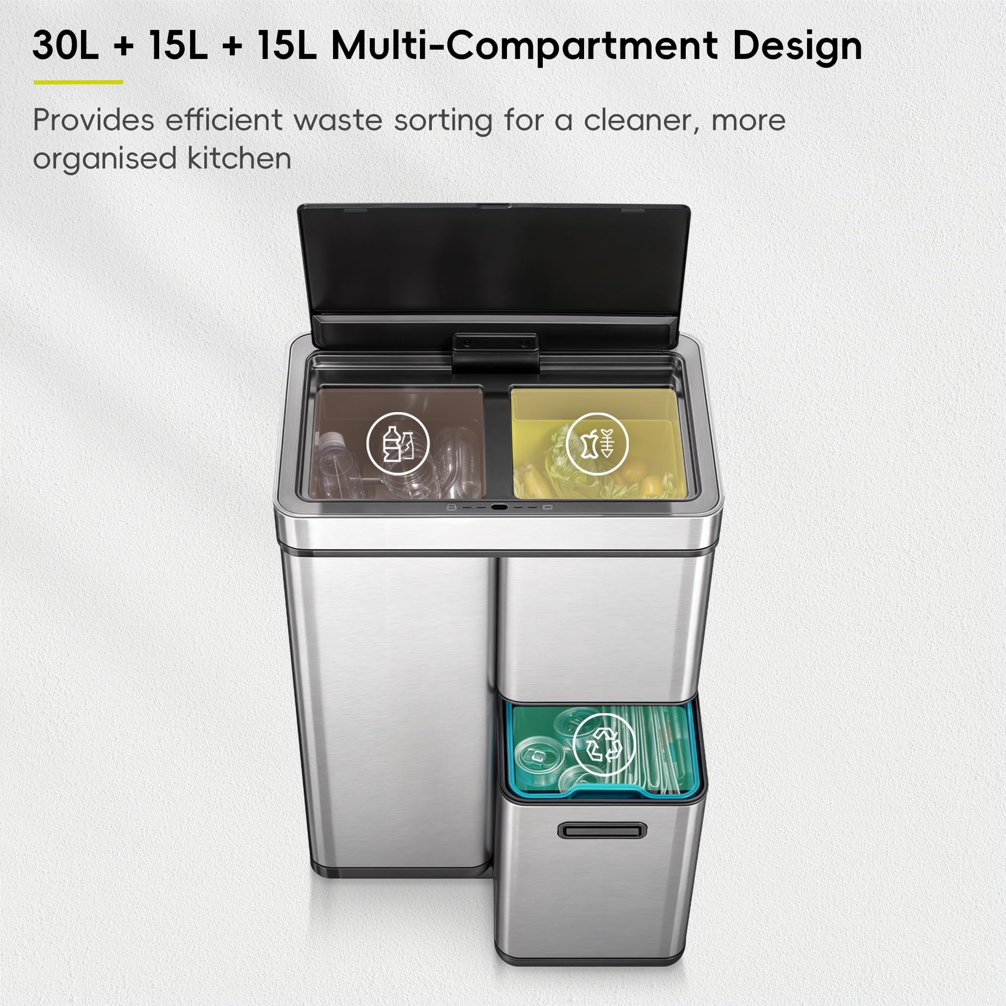 EKO Mirage Plus - Sistema de separación de basura con 3 compartimentos, 2 x 15 L y 30 L, con sensor, 3 cubos interiores de plástico, cubo de basura automático con tapa, cubo de basura grande de cocina