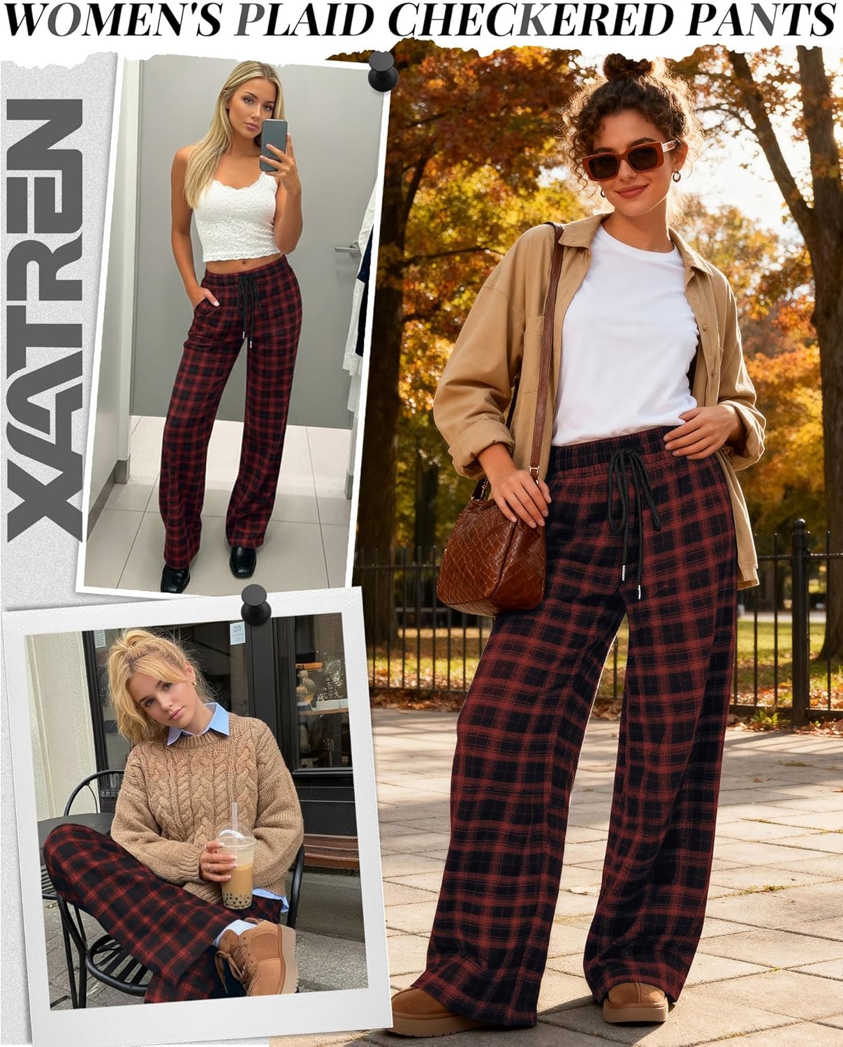 Women's Plaid Pants Gingham Lounge Pajama Pants Drawstring Loose Bottoms Wide Leg Trousers with Pockets - Image 2