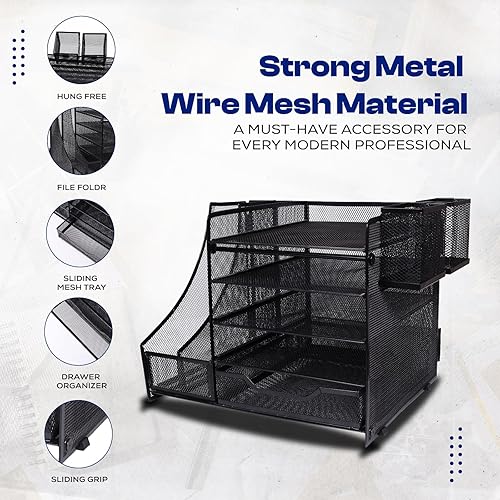 Miniatura 5 de SimArtz Organizador de bandeja de papel de 5 niveles con soporte para archivos, organizador de escritorio con cajón y soportes para bolígrafos,