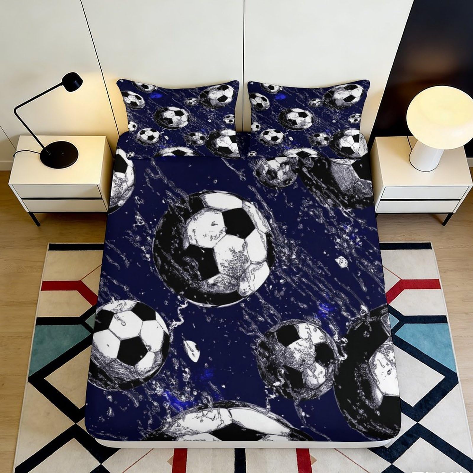 3D Printed Football Splash Fitted Sheet Microfiber Soft Blue Soccer Bed Cover for Bedroom Guest Room Dorm Decor 90x200x25cm