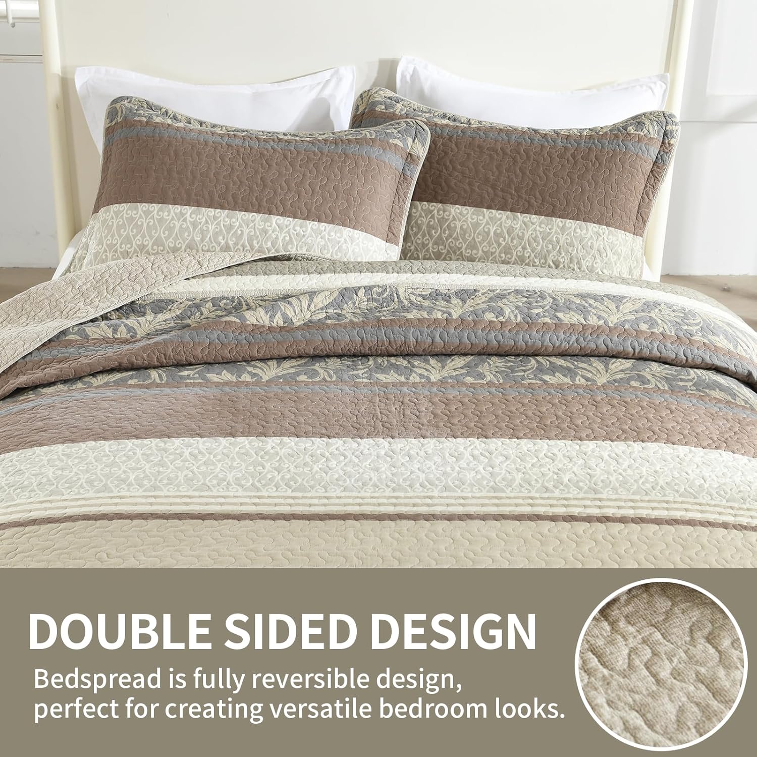 SahSahCasa 120"x120" 100% Cotton Oversized California King Bedspread Coverlet Quilt Set, Cal King Quilted Bedspread Extra Large Quilt, XL Bed Spread Lightweight Comforter, 3pc,Beige/Brown/Gray