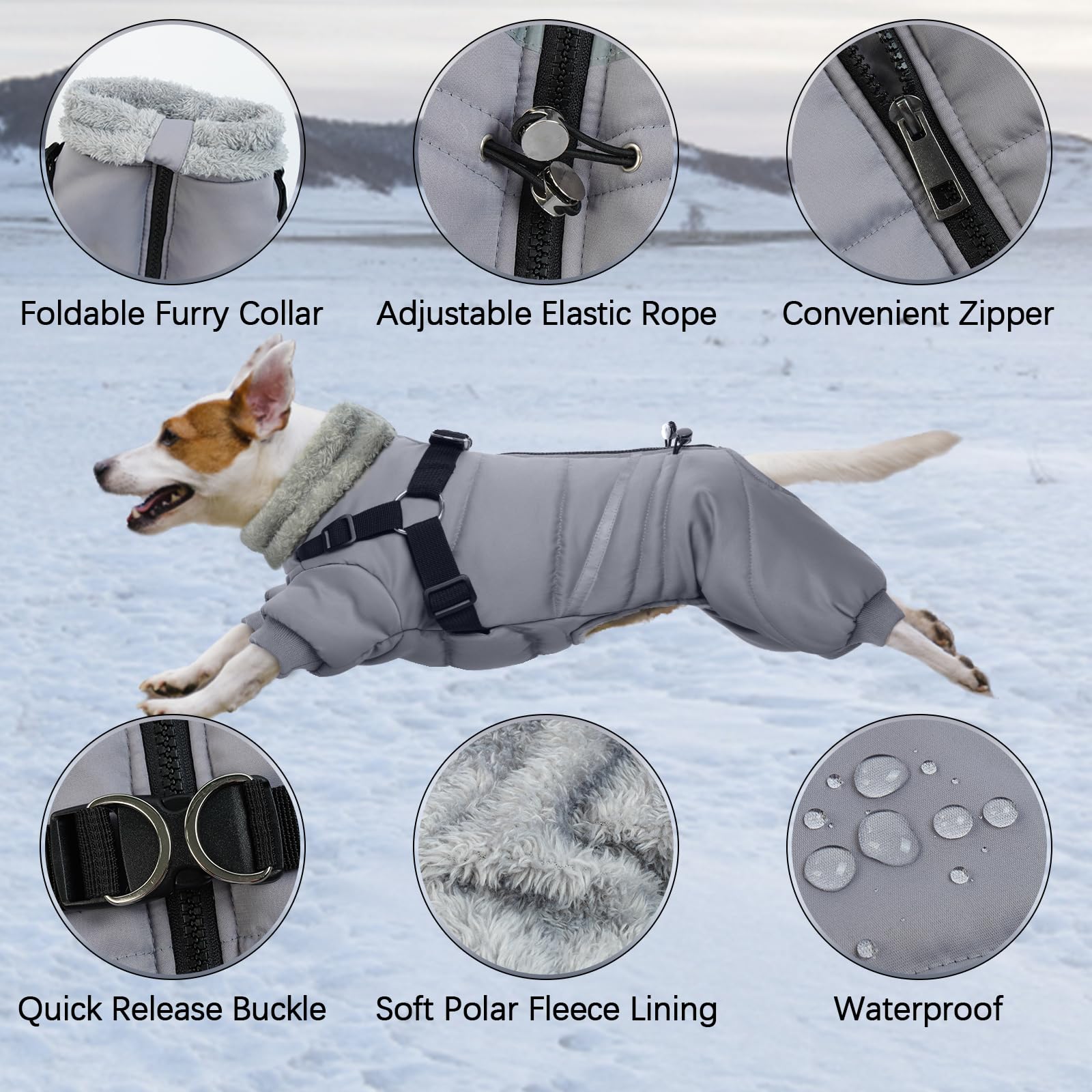BRKURLEG Cappotto invernale per cani grigio, accogliente giacca invernale per cani, con imbracatura, calda per cani, cappotto natalizio per cani, riflettente per animali domestici, antivento, caldo