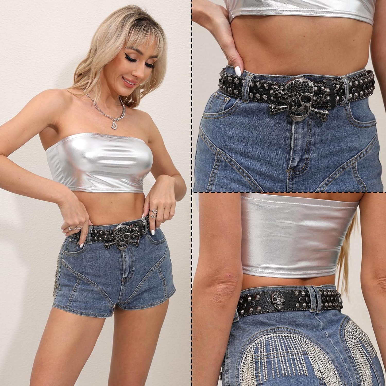 Rhinestone Skull Belt for Men Women Studded Belts Y2k Punk Skull Belt Bling Stylish Rhinestone Cowgirl Belts - Image 5