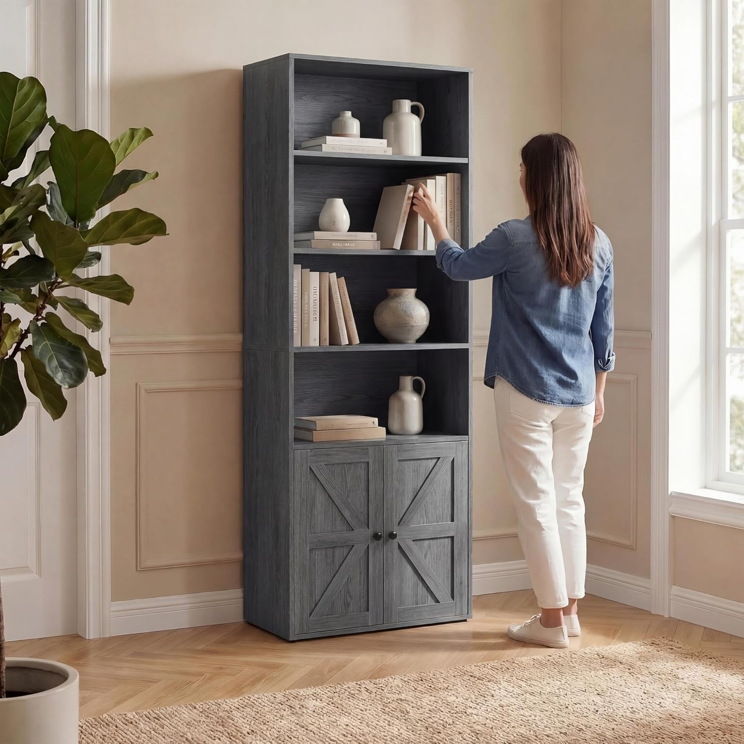 YESHOMY Farmhouse Bookshelf and Bookcase with Doors, Industrial Bookshelves and Bookcases Floor Standing Display 6-Tier Shelf Storage Shelves 71.5 inchs for Home Office, Living Room, Gray, 1 PCS