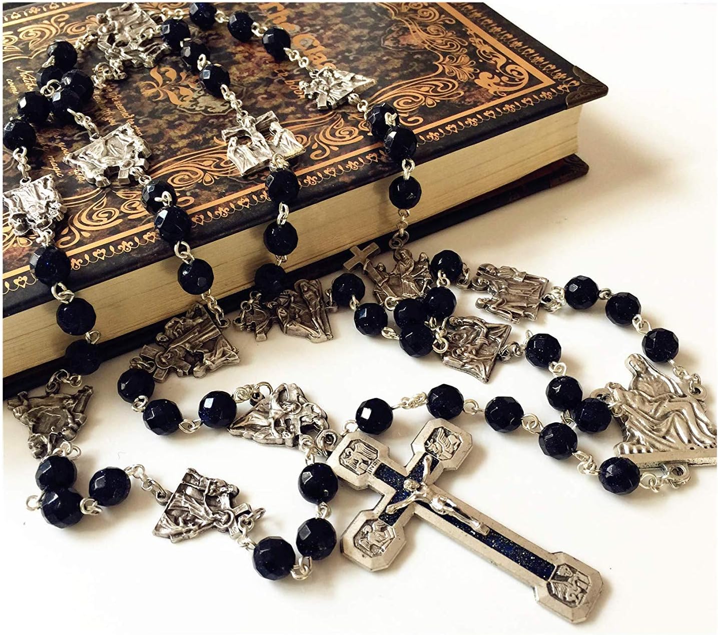 elegantmedical Stations of The Cross Prayer Rosary Blue Sandstone Beads Necklace Catholic Last Supper Rosary Box Gifts