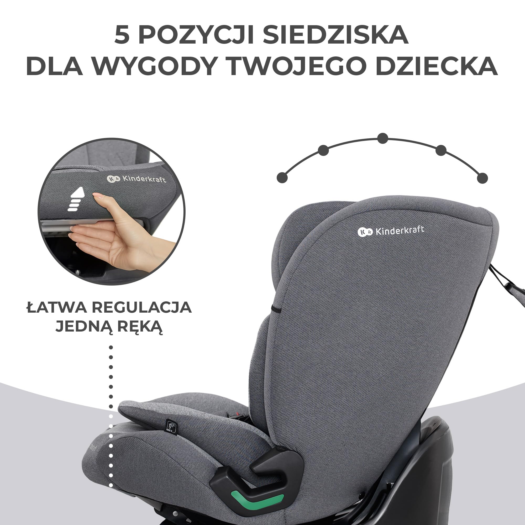 Kinderkraft ONETO3 Fotelik samochodowy z bazą, I-Size 76 do 150 cm, Systemy bezpieczeństwa, Isofix, Reclining, Wzmocniony zagłówek, Wkładka dla najmłodszych, Grupa wiekowa 1/2/3, do 36 kg, Szary