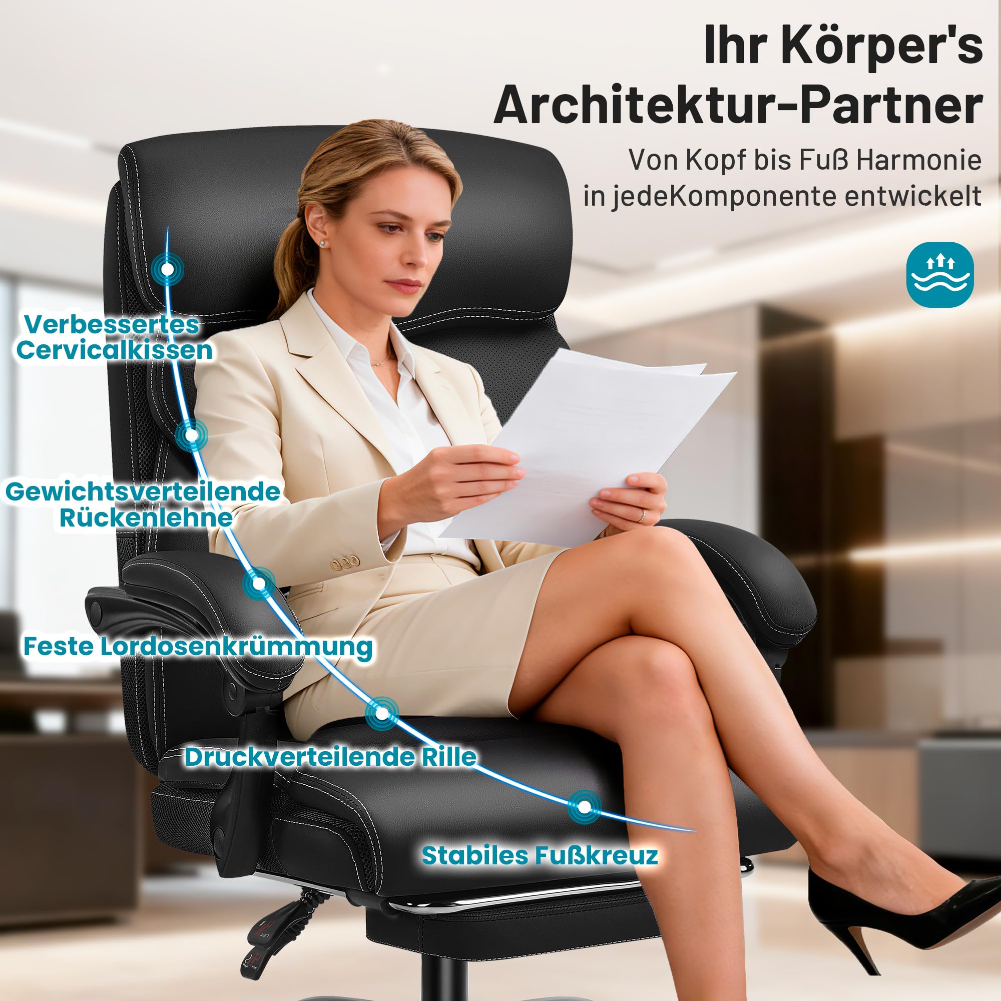 Ergonomischer Chefsessel mit Fußstütze bis 180 kg, Schwarz | Kunstlederbezug, verstellbare Armlehnen, hohe Rückenlehne, Liegefunktion, ideal für Büro & Homeoffice