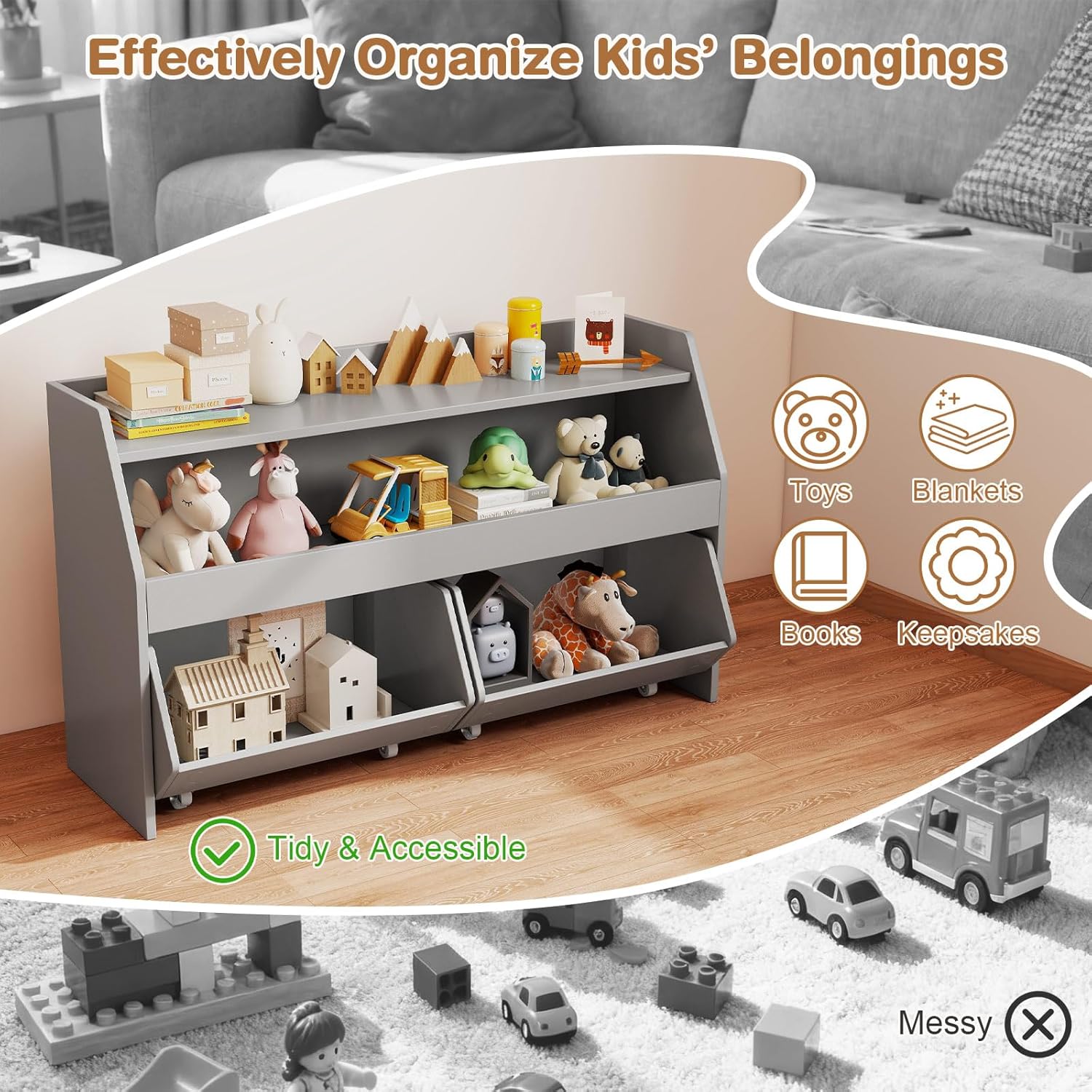 Costzon Toy Storage Organizer for Kids, Toy Cabinet w/ 2 Rolling Drawers, Lockable Wheels, Open Shelf & Anti-toppling Kit, Toddler Toy Shelf for Playroom, Kids’ Room, Nursery, Daycare (Grey)