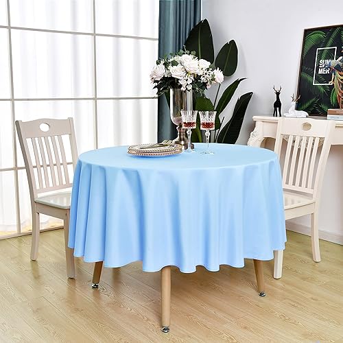 Miniatura 8 de KAIPHO Mantel redondo azul bebé impermeable resistente a las manchas, tela sin arrugas, lavable, de 210 GSM, poliéster para fiesta, banquete, boda,