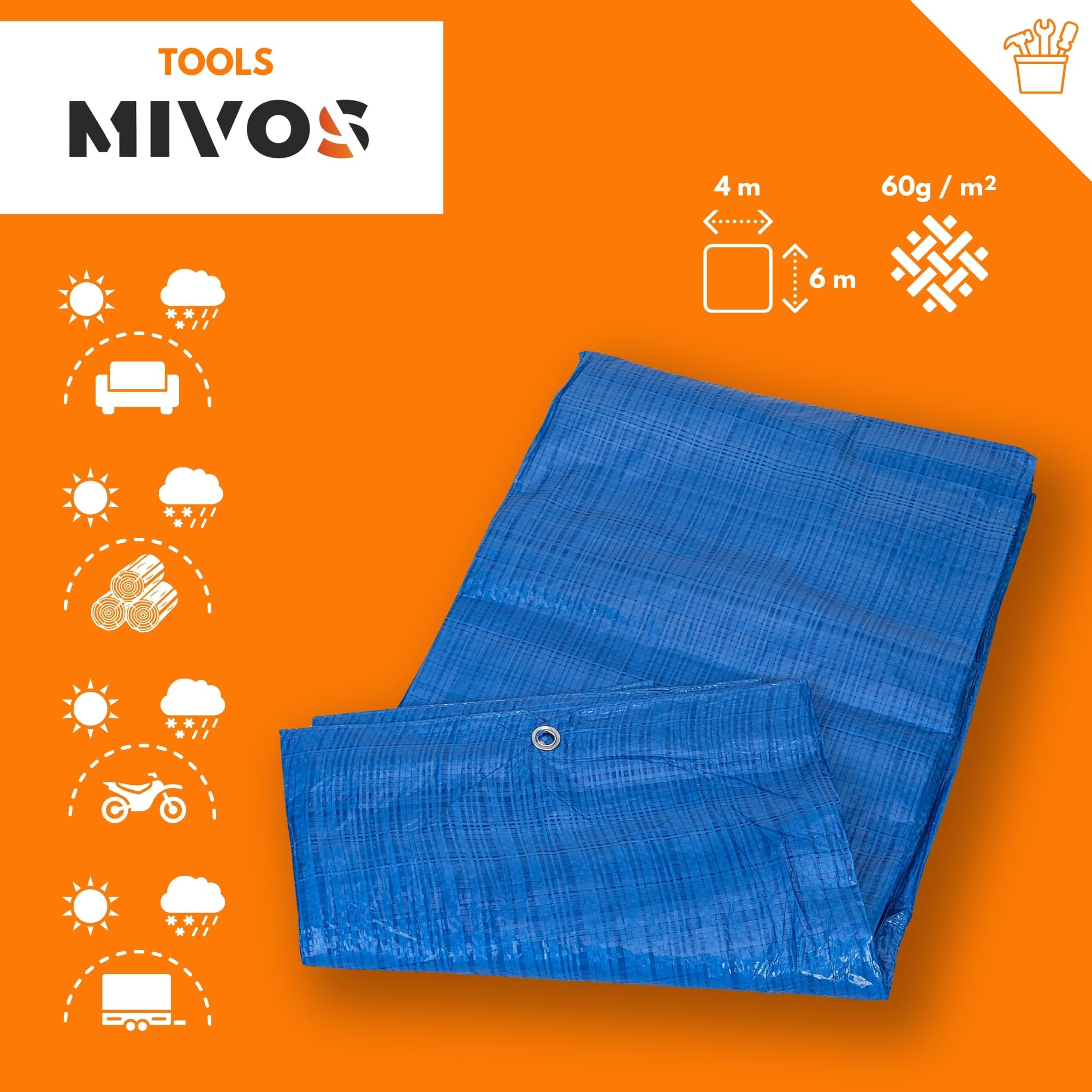 MIVOS Tarpaulin 4 x 6 m, Blue, PP-PE 60 g/m², Waterproof Fabric Tarpaulin - Image 2
