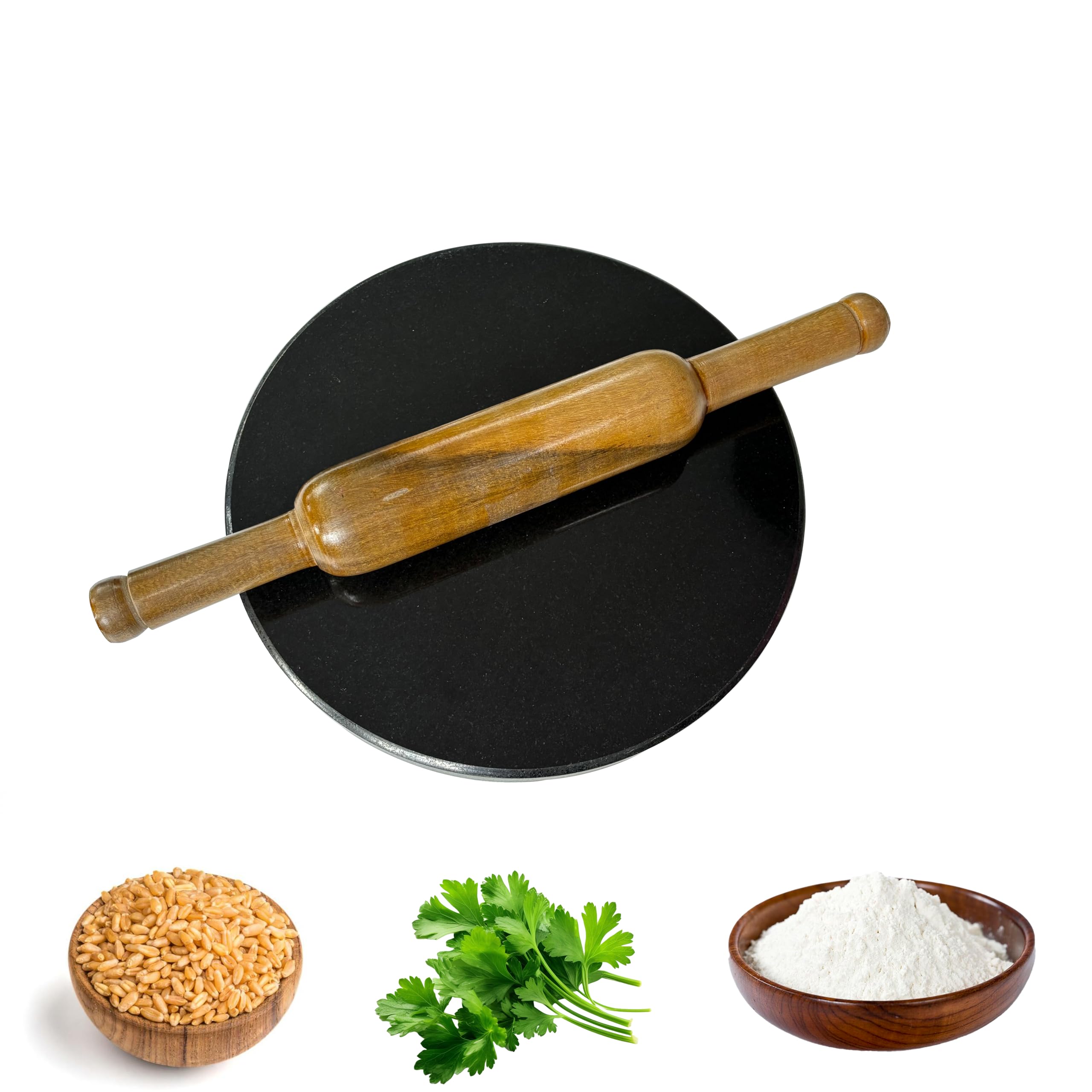 Neolithic Pure Granite Stone - Chakla|Chapati Maker|Rolling Pin|10-Inch|Black