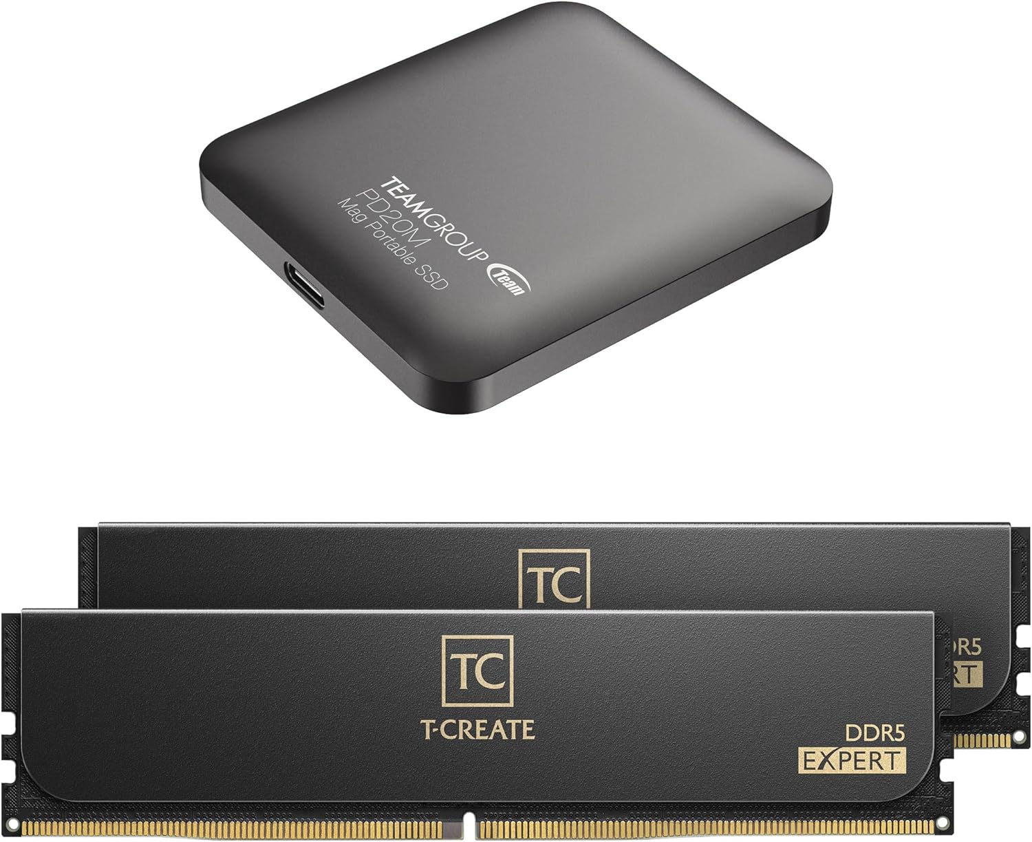 TEAMGROUPT-Create Expert Overclocking 10L DDR5 48GB Kit (2 x 24GB) 7200MHz (PC5-57600) CL34 M-DIE Desktop Memory (Black) CTCED548G7200HC34ADC01 Bundle with PD20M 1TB Magnetic External SSD TPSEG2001T0C