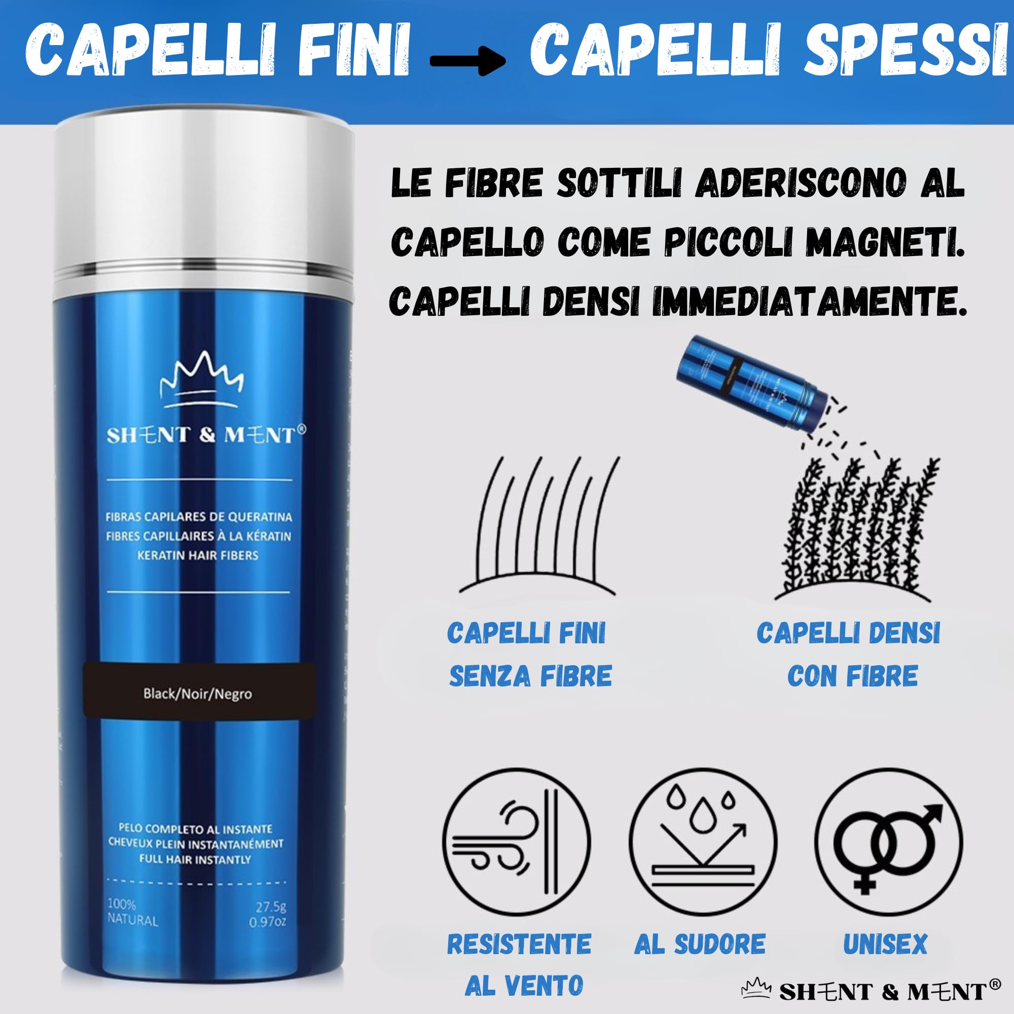 SHENT & MENT Fibre Capelli Cheratina Volume Istantaneo Copertura Naturale Capelli Sottili Caduta Calvizie Entrate Zone Diradate Resistente Sudore Vento Facile Applicazione Marrone scuro 27,5g