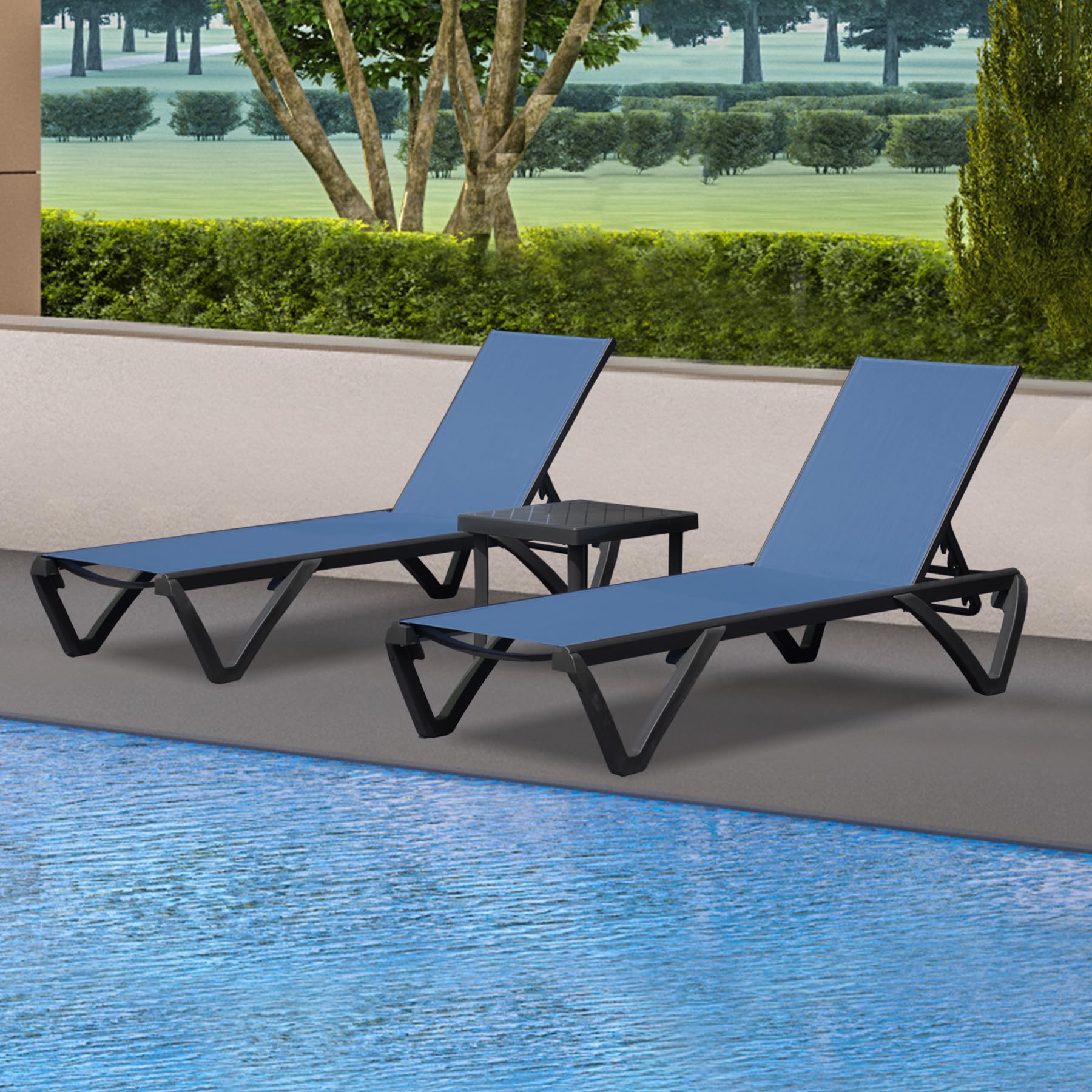 Domi Pool Lounge Chairs Set of 3, Aluminum Chaise Lounge Outdoor with Side Table, Patio Beach Lounge Chair for Outside 5 Position Adjustable & Wheels,