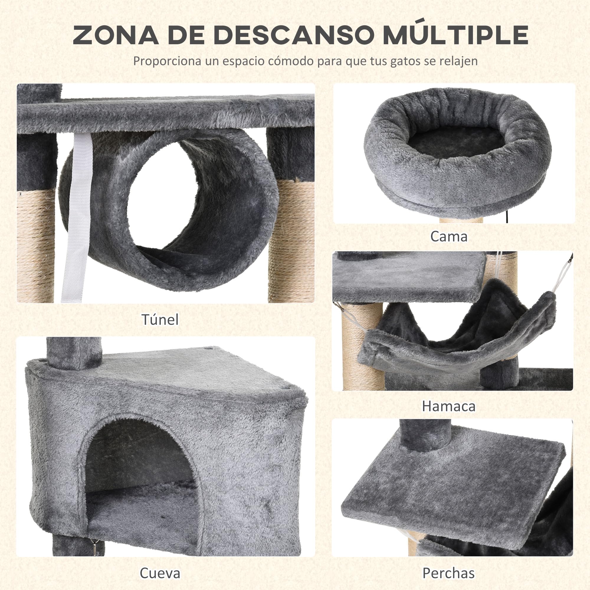 PawHut Árbol Rascador para Gatos 154 cm de Altura Torre 60x40x154 cm Gris | Plataformas, Túnel, Hamaca, Postes de Rascado