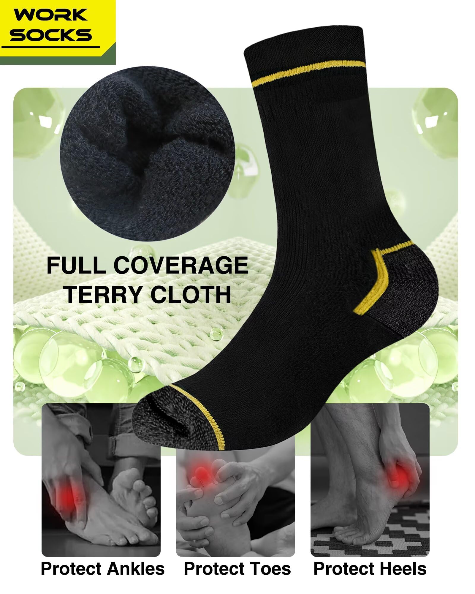 FALARY Bambù Calze da Lavoro Uomo (6 Paia) Calzini Spugna Neri Work Socks | 80% Bambù Fibre, Traspirante, Antibatterico, Adatto ai Lavoratori Manuali, Rinforzate Tallone e Punta, Durevole e Resistente
