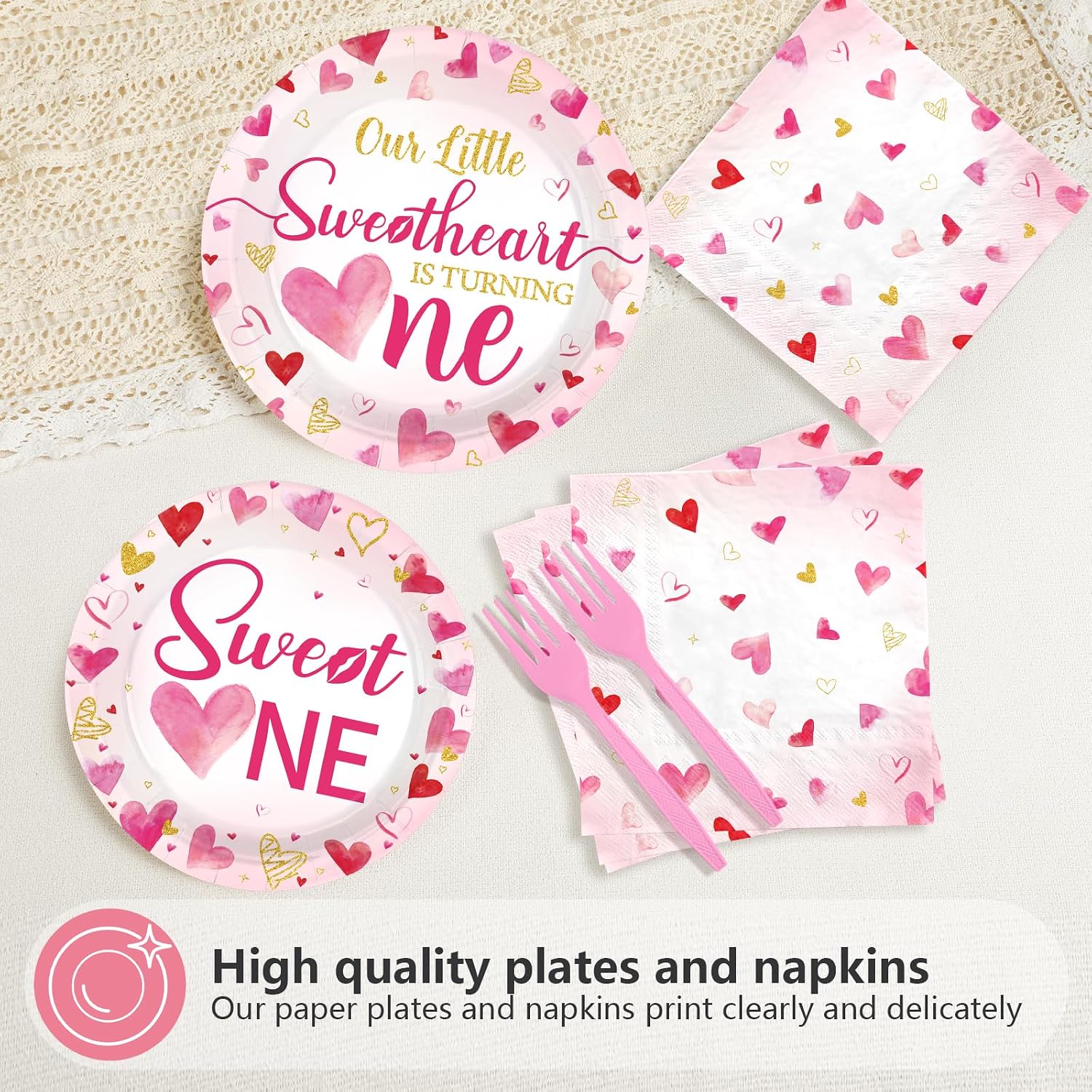 96Pcs Valentines 1st Birthday Party Decorations Valentine Sweet One Plates and Napkins Our Little Sweetheart is Turning One Party Decoration for Valentine's First Year Old Birthday Supplies Serves 24