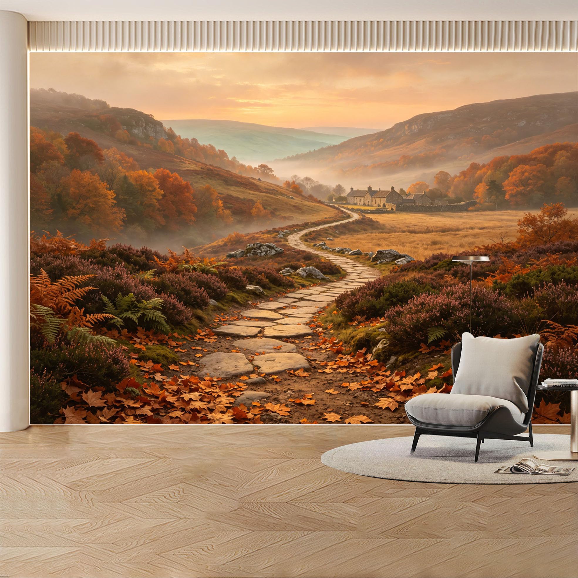 Custom Wall Mural Wallpaper Autumn Landscape Nature Large Wall Art Wall Decor Misty Sunset Rustic Countryside Removable SelfAdhesive Large Photo for Living Room， Bedroom， Office