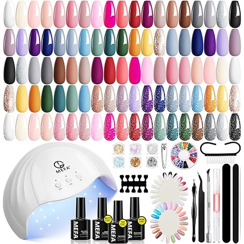 MEFA Gel Nail Polish Kit with U V Light, 32 Colors All Seasons Nude Gel Nail Polish Set with Base and Matte/Glossy Glitter Top Coat Nail Art DIY Decorations Manicure Tools Gifts for Women