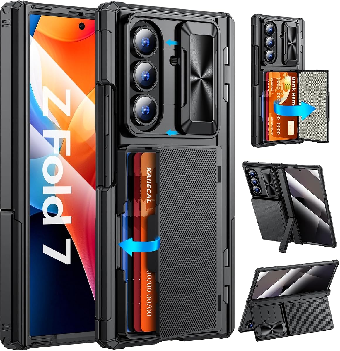 Kaiiecal for Samsung Galaxy Z Fold 7 Case with Screen Protector [Cards Holder] [Camera Cover] [RFID Blocking] [Dual-Stand] Hinge Cover Durable Shockproof Protective Phone Case for Z Fold 7 2025, Black