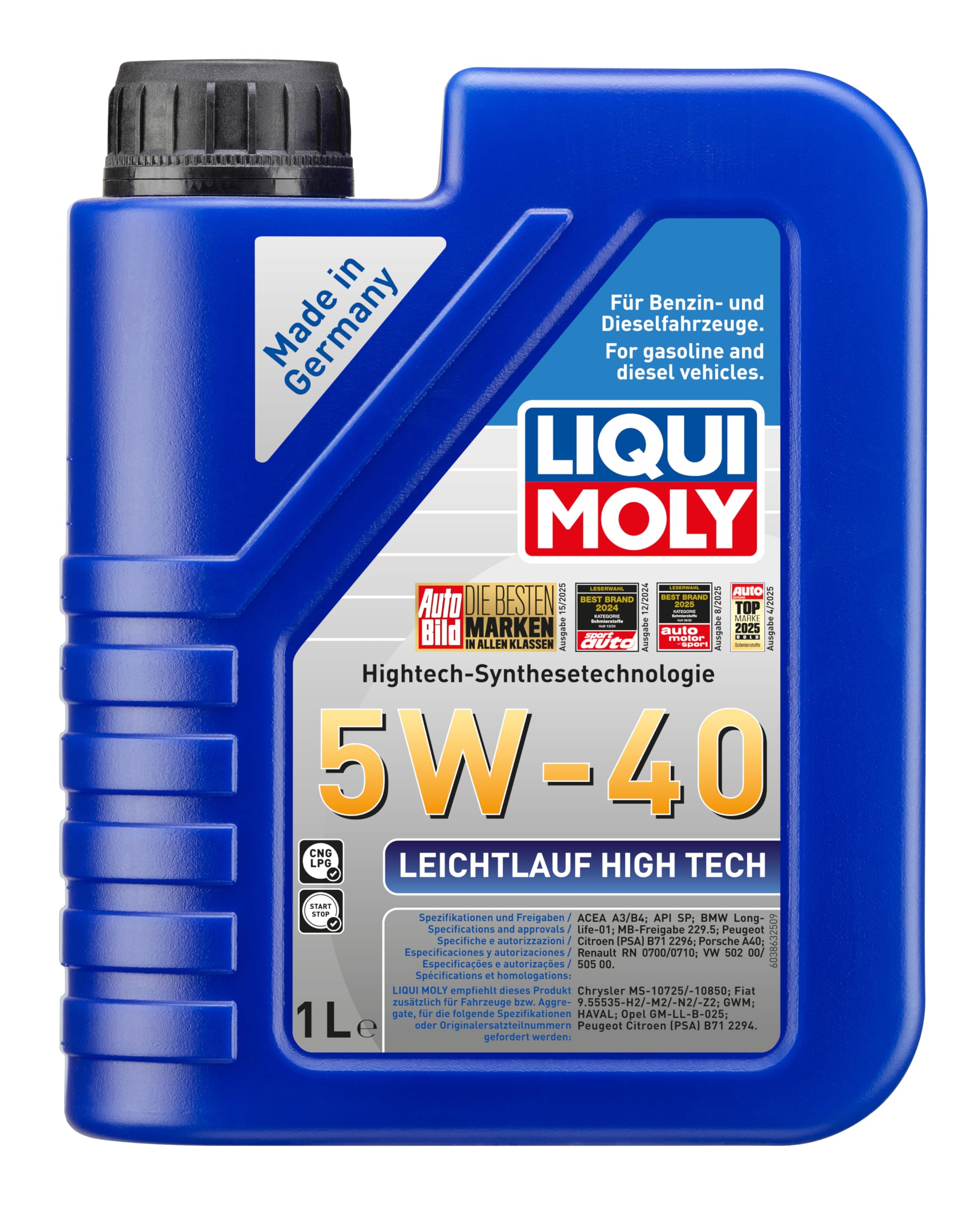 LIQUI MOLY Leichtlauf High Tech 5W-40 | 1 L | Synthesetechnologie Motoröl | Art.-Nr.: 3863, farblos