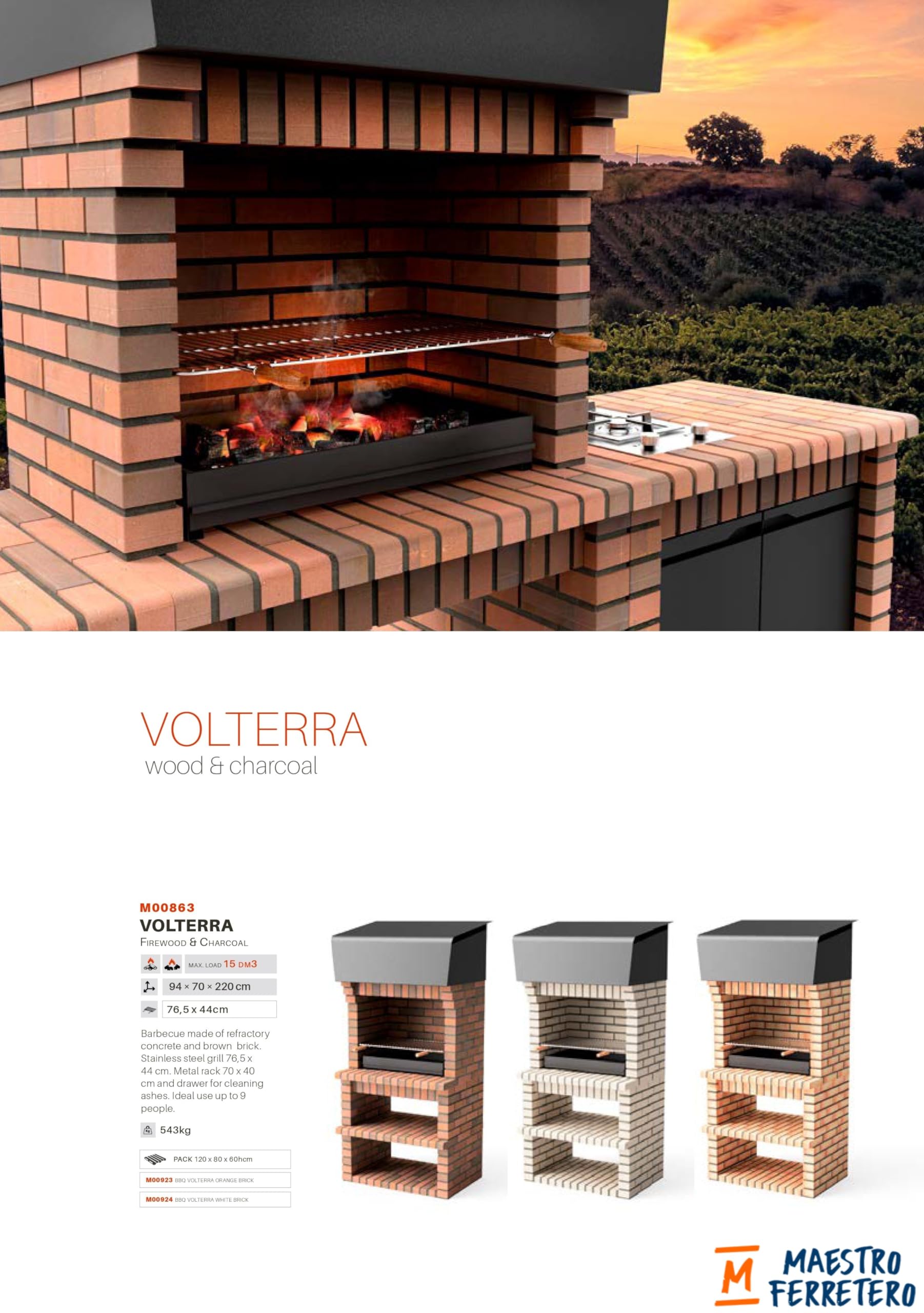 MOVELAR - Barbacoa de Obra Prefabricada para Leña y Carbón Modelo VOLTERRA (Beige - 94 x 70 x 213 cm) REF: M00925 - Uso en Exteriores