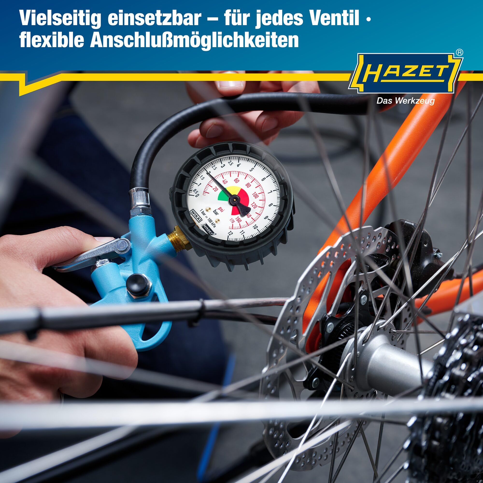 HAZET Reifenfüll-Messgerät 9041-1 I Manometer-Messbereich: 0-12 bar, Schlauchlänge: 400 mm, Manometer-Durchmesser: 63 mm I Reifendruck-Prüfer für Auto, Motorrad, Lkw uvm.