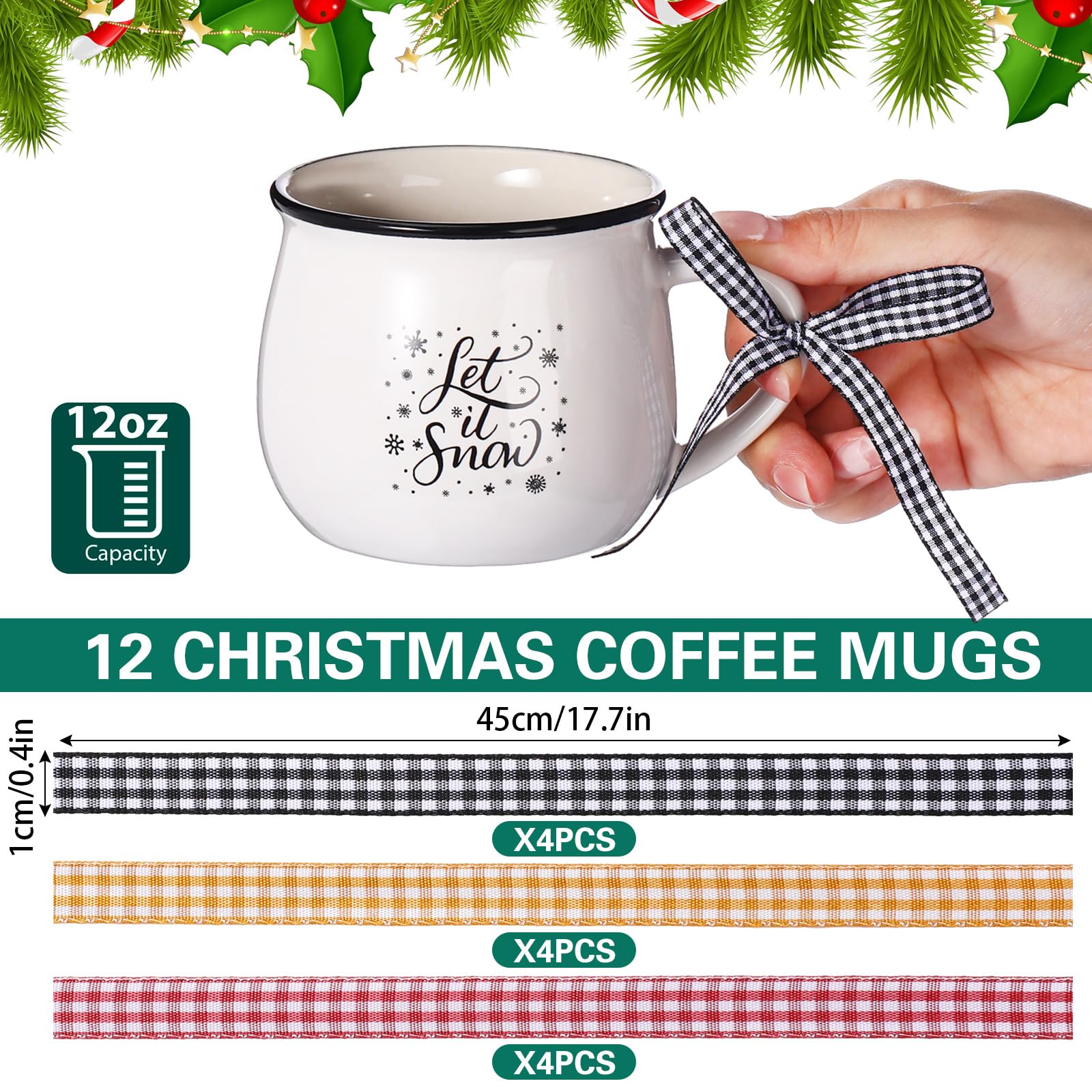 Weihnachts-Kaffeetassen, 12er-Set, 340 ml, heiße Kakao-Keramik-Tassen, Weihnachtsgeschenk-Set für Mutter, Frau, Familie, Freund, Weihnachten, Bauernhaus, abgestuftes Tablett, Dekoration,