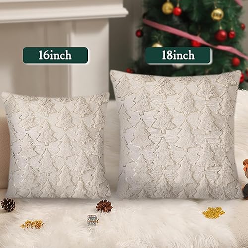 Miniatura 7 de Juego de 4 fundas de almohada de Navidad de 18 x 18 pulgadas, árbol de Navidad blanco con lentejuelas doradas, fundas de almohada decorativas de