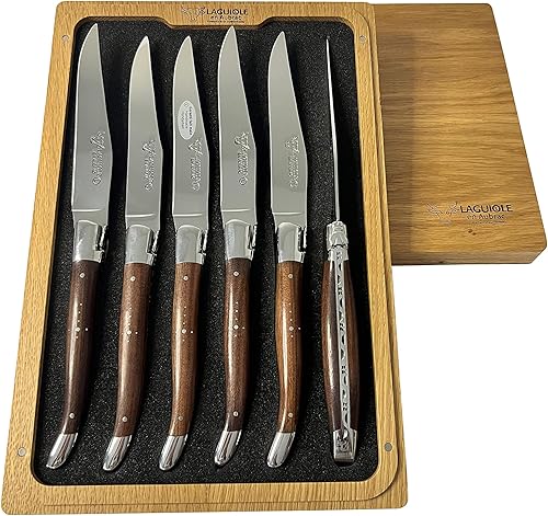 Miniatura 7 de Laguiole en Aubrac L uxury - Juego de 6 cuchillos para carne de acero inoxidable totalmente forjados asas de palisandro morado refuerzos brillantes