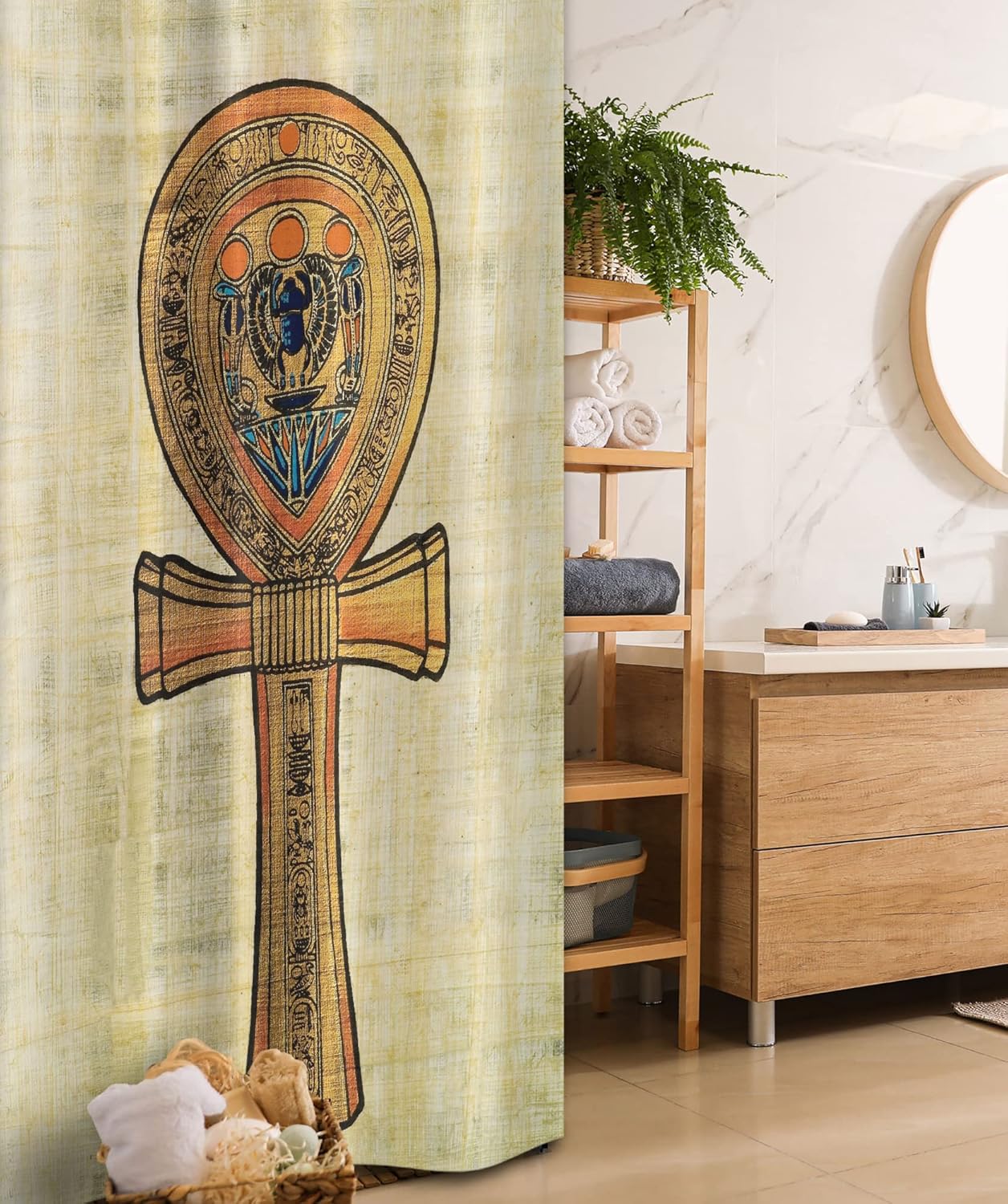 Ambesonne Egyptian Print Stall Shower Curtain, Papyrus Presenting The Key of Life Traditional Empire Egyptian, Fabric Bathroom Decor Set with Hooks, 36" W x 72" L, Cream Orange