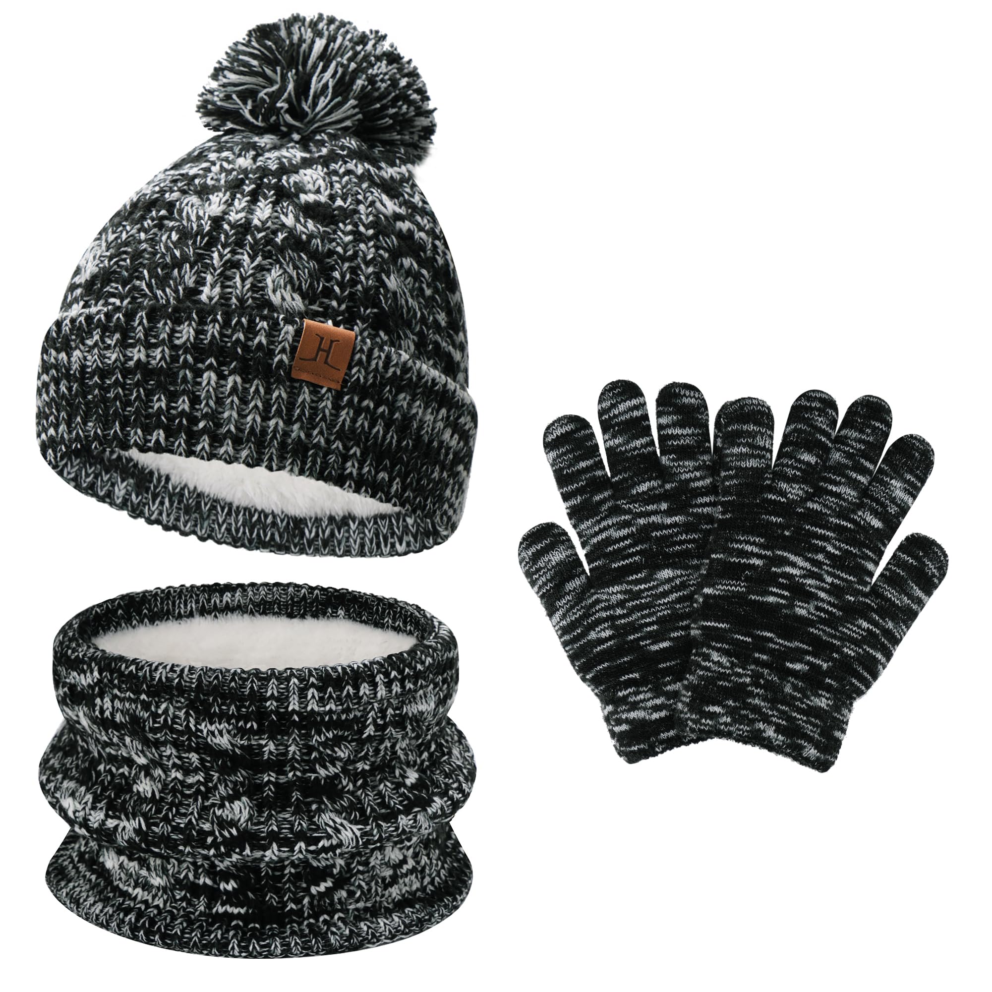Bebes Enfants Bonnet Pompon Hiver Echarpe Gants Ensemble Cache-Cou avec Polaire pour 0 3 6 Mois 0-8 Ans Cadeaux pour Filles Garçons