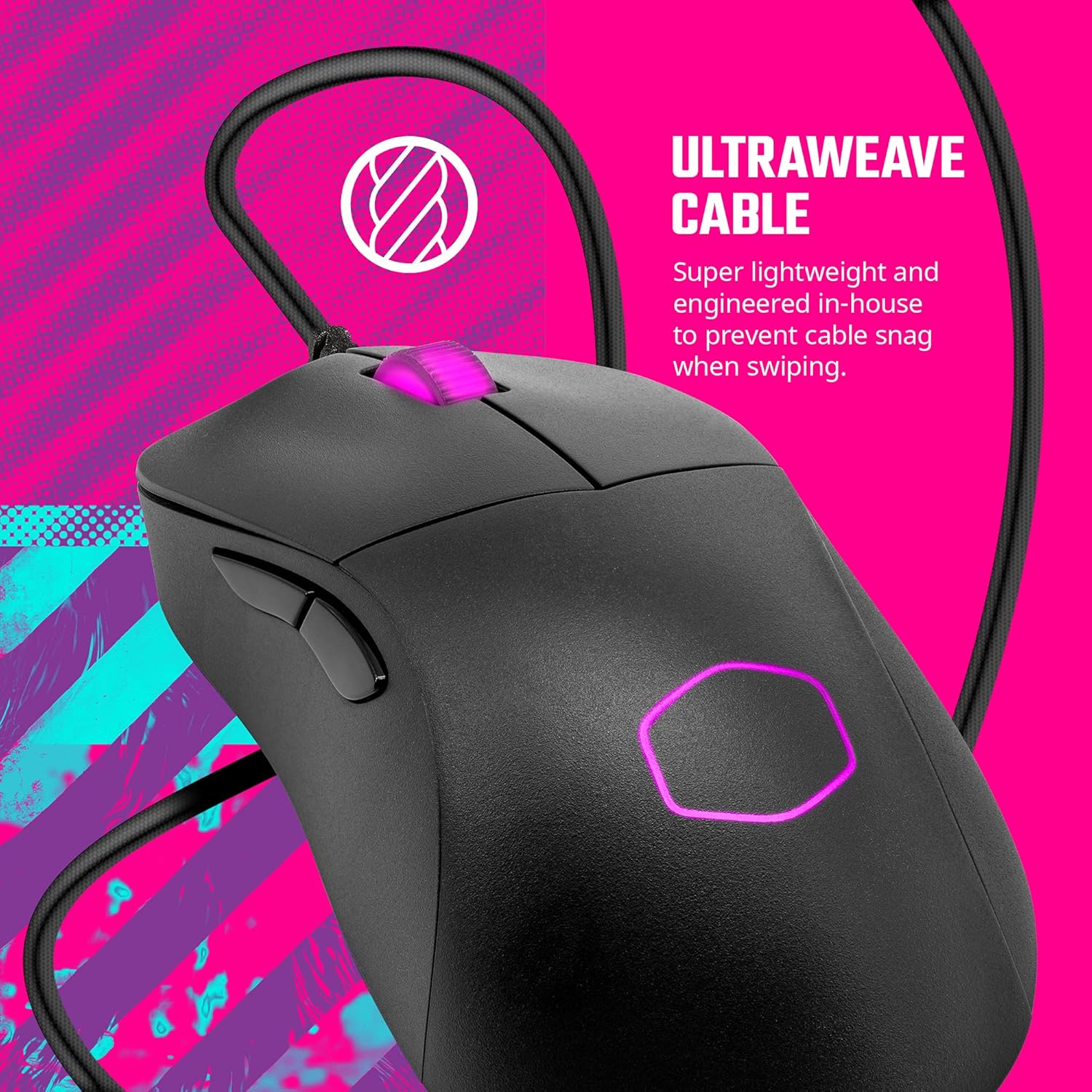 Cooler Master MM730 Wire Gaming Mouse, top view showing the Ultraweave Cable.