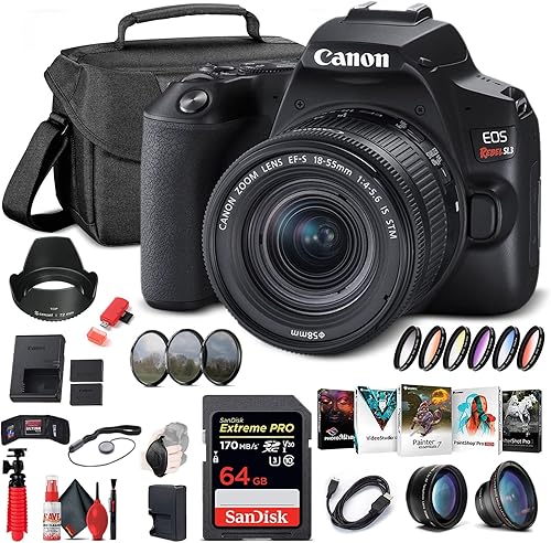 Canon EOS Rebel SL3 Cámara DSLR con lente de 0.709-2.165 in (negro) (3453C002), tarjeta de memoria de 64GB, kit de filtro de color, funda, kit de