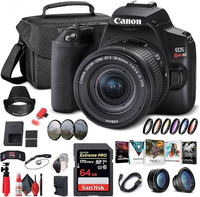 Canon EOS Rebel SL3 DSLR Camera with 18-55mm Lens (Black) (3453C002) + 64GB Memory Card + Color Filter Kit + Case + Filter Kit + Corel Photo Software + LPE17 Battery + Charger + More (Renewed)