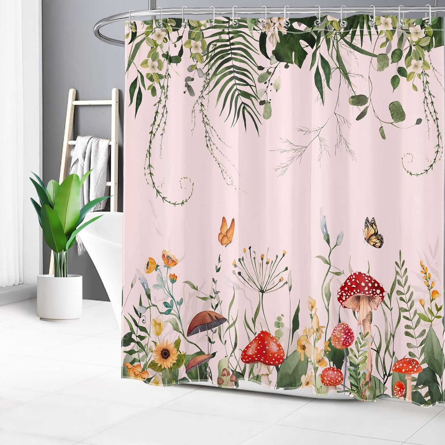 LB Sage Green Plant Shower Curtain Red Mushroom Butterfly Yellow Flowers Pink Long Shower Curtain Set Eucalyptus Leaf Shower Curtains for Bathroom Waterproof Washable Fabric with Hooks,72x78 inch