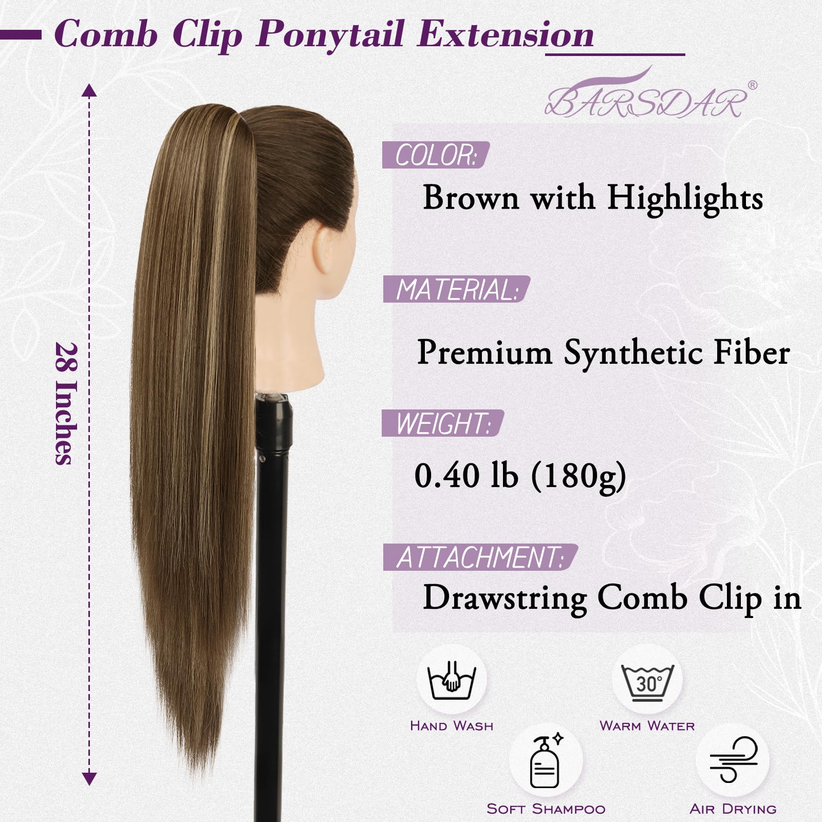 BARSDAR Raides Extension Queue de Cheval, 70cm longue Ponytail Extensions avec Cordon Naturel Synthétique Cheveux Cheer Posh Queue de Cheval Postiche Extension Cheer Competition - Marron avec Blond
