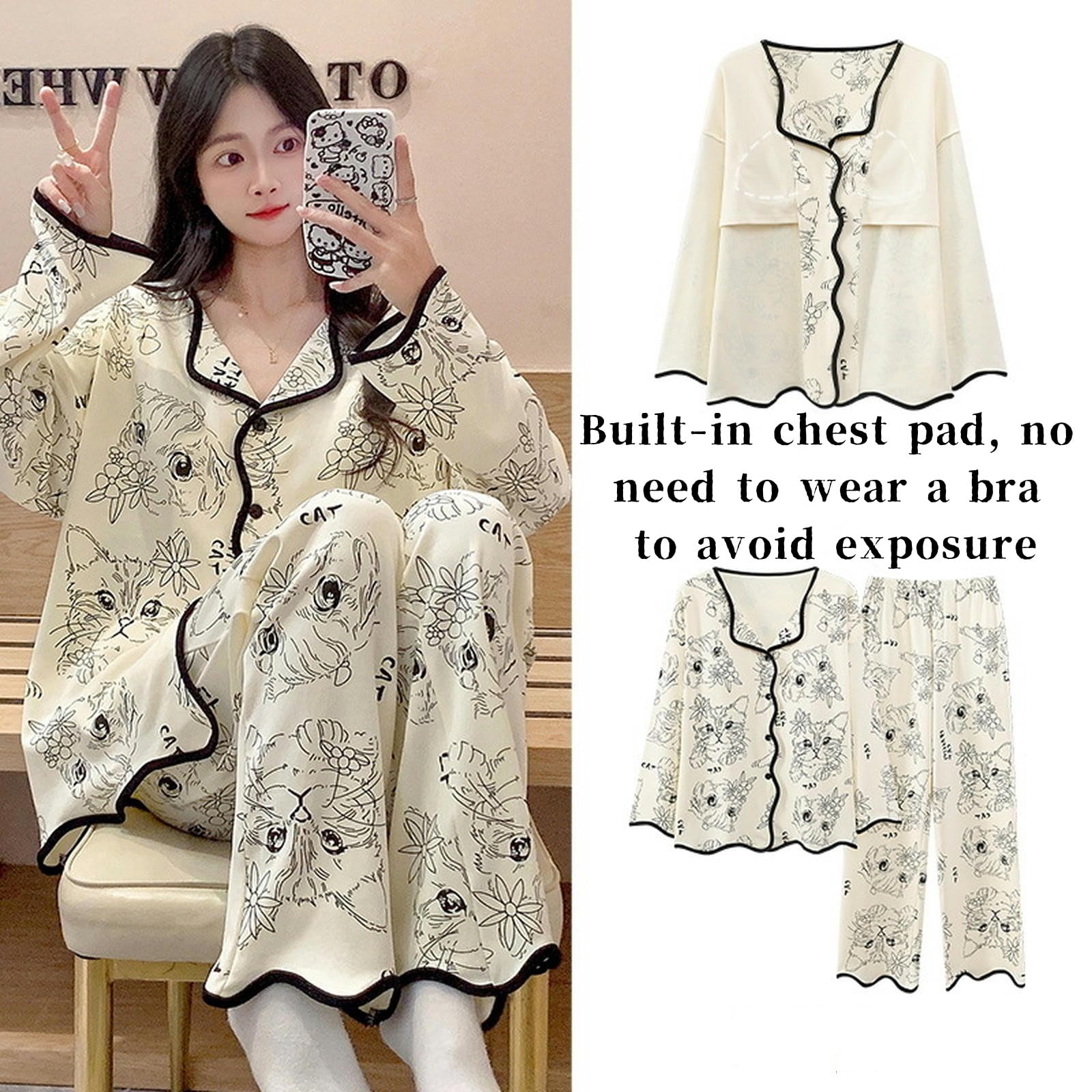Pigiama Donna Pigiama da Donna in Stile Cardigan per Autunno E Inverno - Maniche Lunghe, Protezioni per Il Petto, Pantaloni Lunghi, Vestiti per La Casa in Cotone-Rosa-l