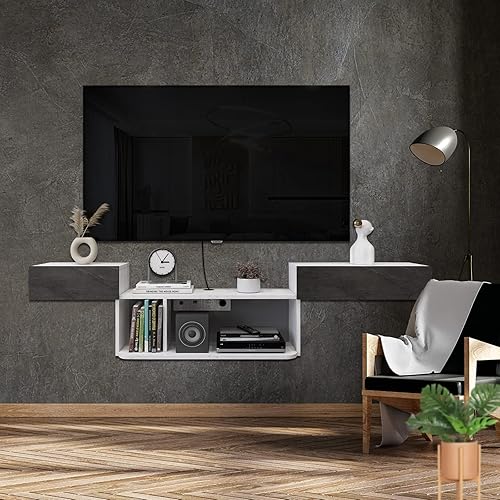 Miniatura 2 de Pmnianhua Estante flotante de TV de 63 pulgadas, soporte flotante de TV para montaje en pared, consola multimedia, gabinete de TV, estante de pared