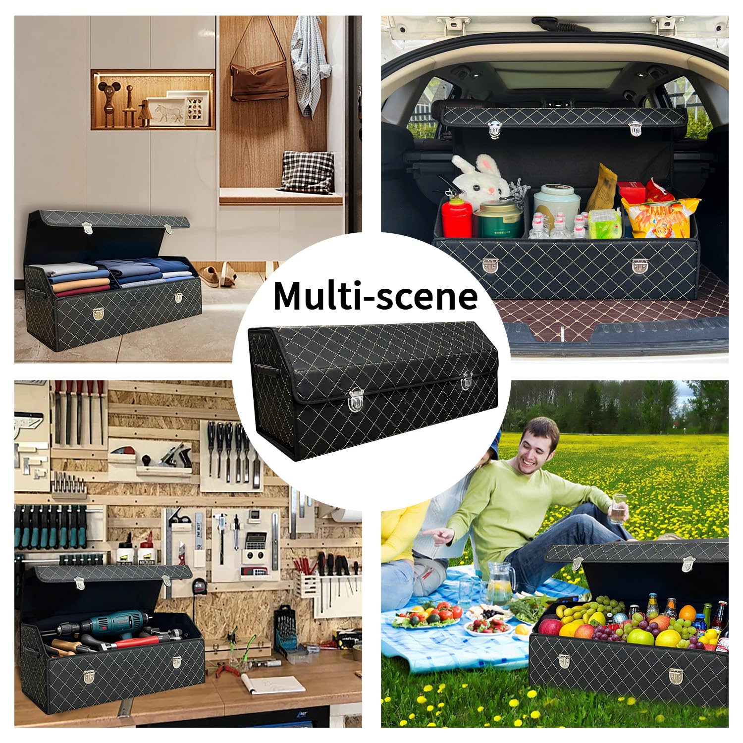 Organizador de maletero de coche con tapa, caja de almacenamiento plegable de piel sintética, 3 compartimentos, plegable multifuncional para SUV, sedán, maletero de vehículo
