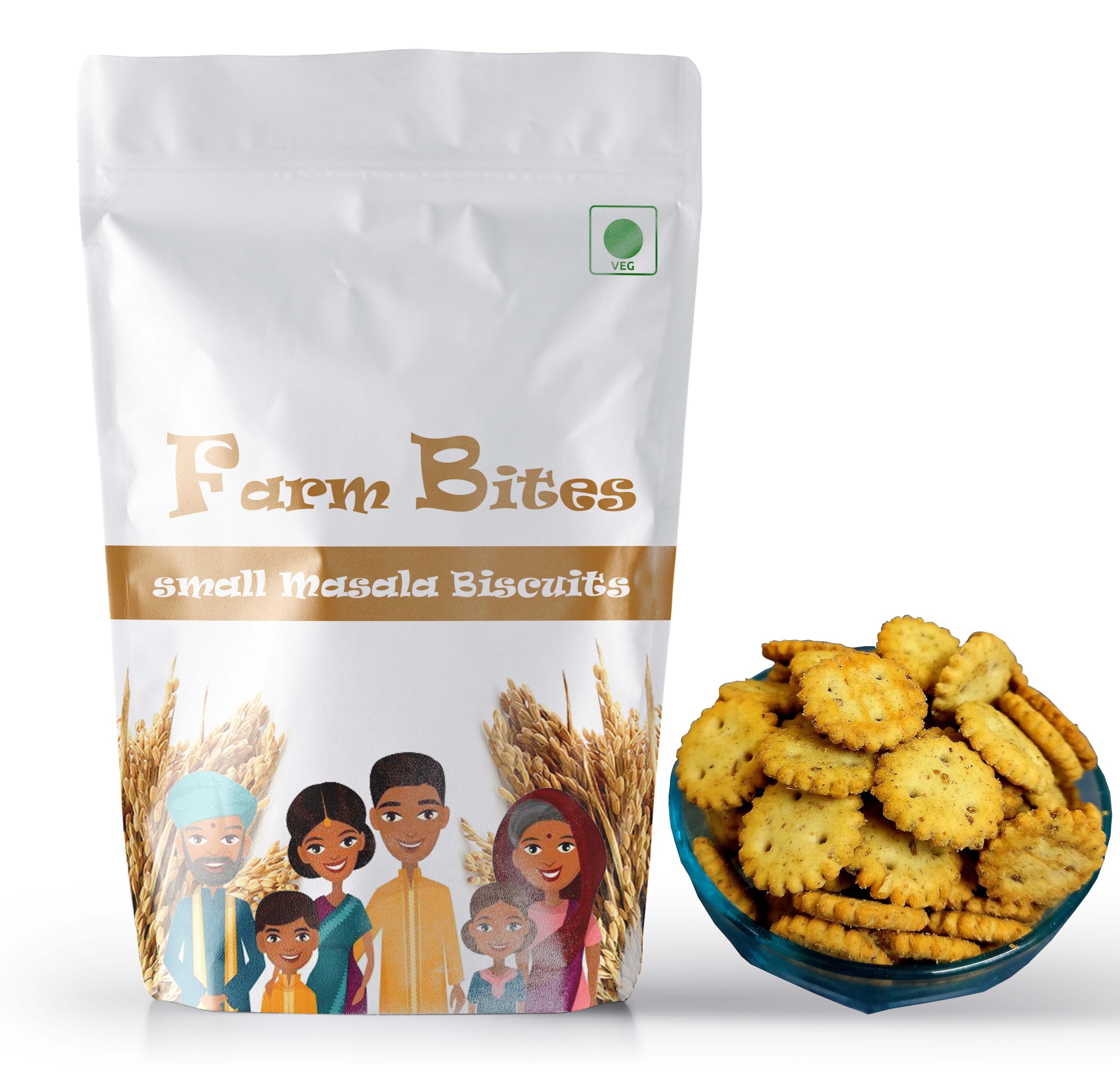 Farm Bites - Home Made Fresh Small Round Shaped Masala Biscuits | Round Masala Biscuits | Tea TIme Snacks | Small crispy Masala Crackers - 100 Grams