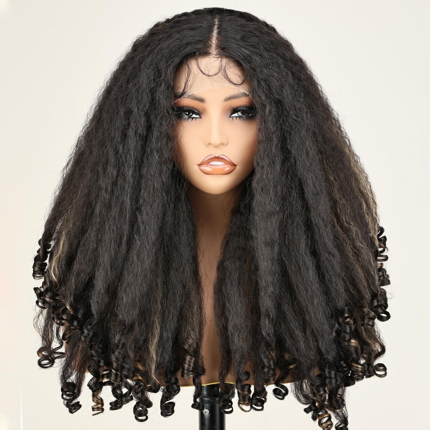 SOKU Afro Curly Lace Front Wig Synthetic Highlights Brown 20 Inch Kinky Straight with Curly Ends Crimp to Curl T Part Transparent Lace Front Wig for Black Women